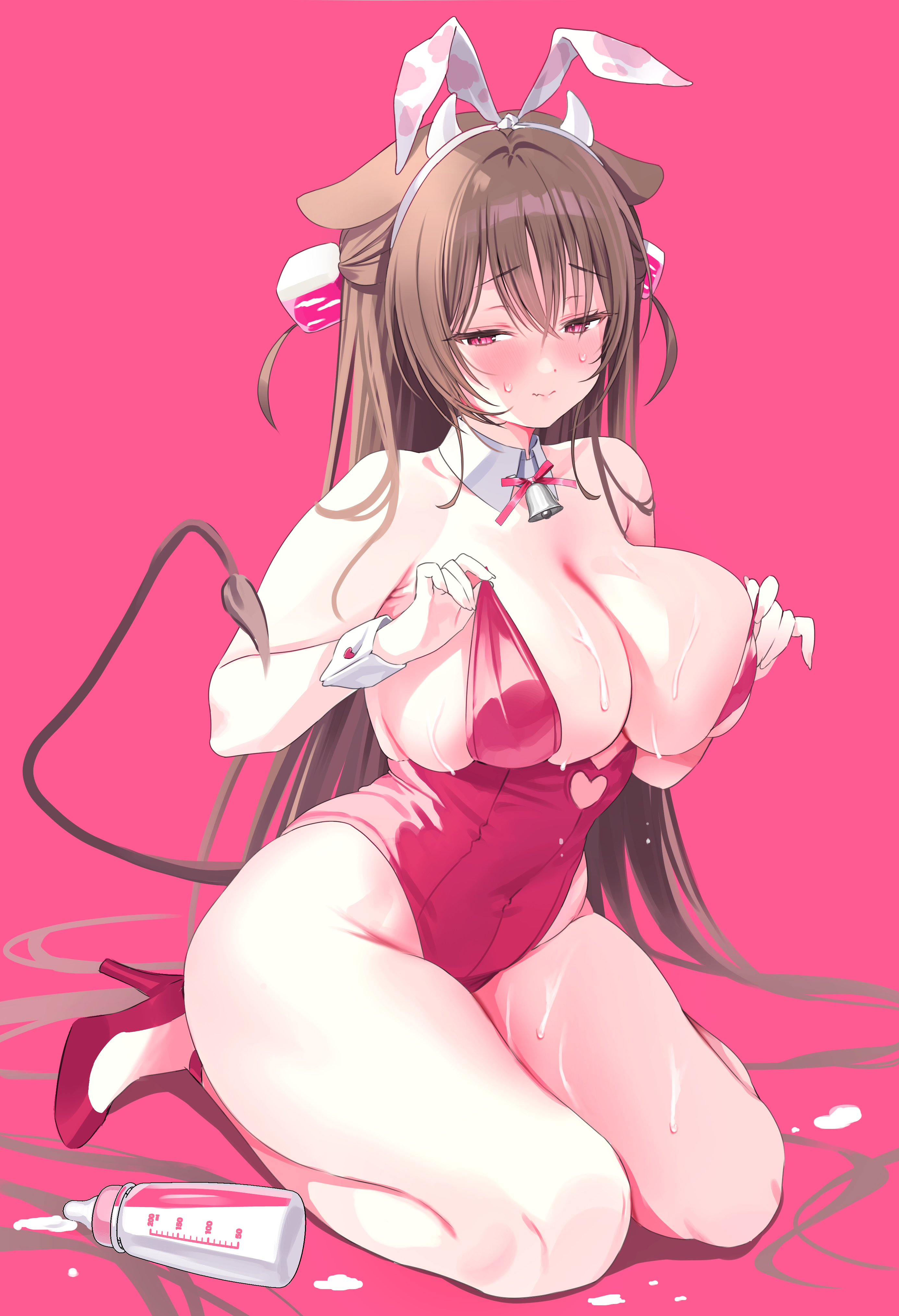 nikuya (nikuniku nikuya), original, absurdres, highres, 1girl, animal ear hairband, animal ears, bell, blush, bottle, bow, bowtie, breasts, brown hair, cleavage, closed mouth, clothing cutout, cow ears, cow girl, cow horns, cow tail, cube hair ornament, detached collar, fake animal ears, hair ornament, hairband, hands up, heart cutout, high heels, highleg, highleg leotard, horns, large breasts, leotard, leotard pull, long hair, looking at viewer, milk, milk bottle, neck bell, pink background, playboy bunny, rabbit ear hairband, rabbit ears, red eyes, red leotard, simple background, sitting, smile, strapless, strapless leotard, tail, two side up, very long hair, wariza, wrist cuffs