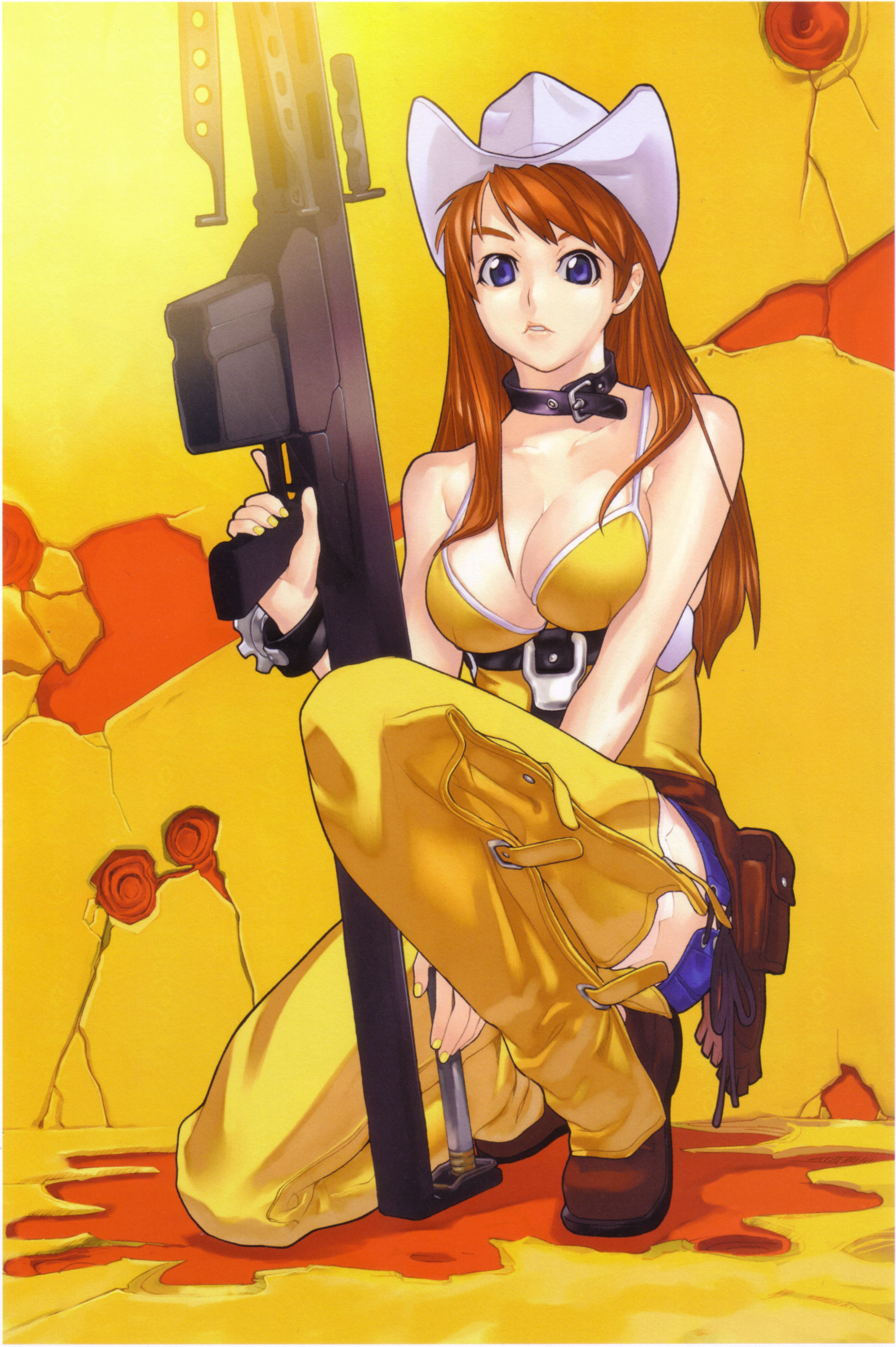 hakua ugetsu, meg (bakuretsu tenshi), bakuretsu tenshi, absurdres, highres, 00s, 1girl, anti-materiel rifle, bikini, blue eyes, breasts, cleavage, collar, cowboy hat, cowboy western, female focus, gun, hat, large breasts, long hair, red hair, rifle, sniper rifle, solo, swimsuit, weapon