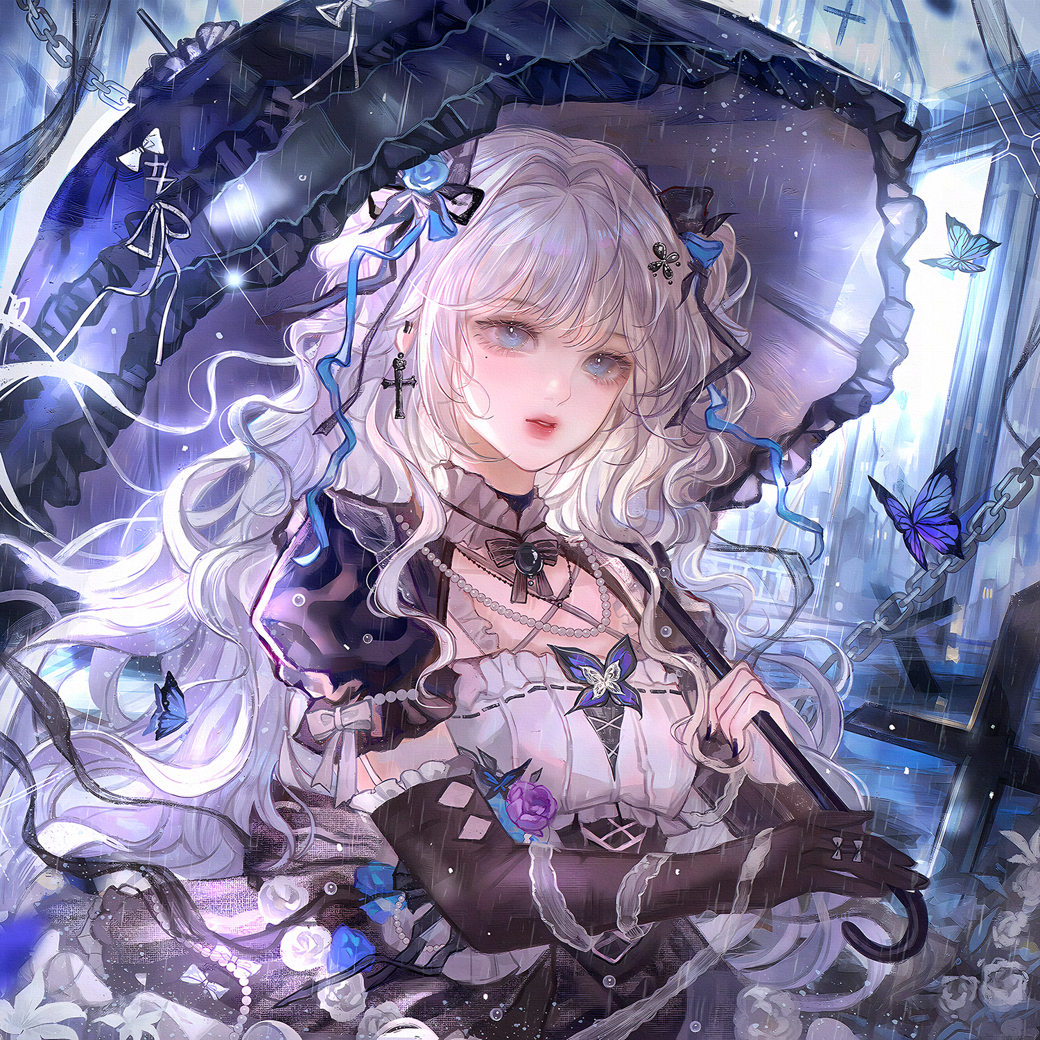 qingluanluan, original, highres, large variant set, variant set, 1girl, black gloves, blue butterfly, blue eyes, bow, bug, butterfly, chain, cross, dress, earrings, elbow gloves, flower, gloves, hair flower, hair ornament, hair ribbon, holding, holding umbrella, insect, jewelry, long hair, looking at viewer, mole, mole under eye, necklace, parted lips, puffy short sleeves, puffy sleeves, rain, ribbon, rose, short sleeves, solo, umbrella, white hair