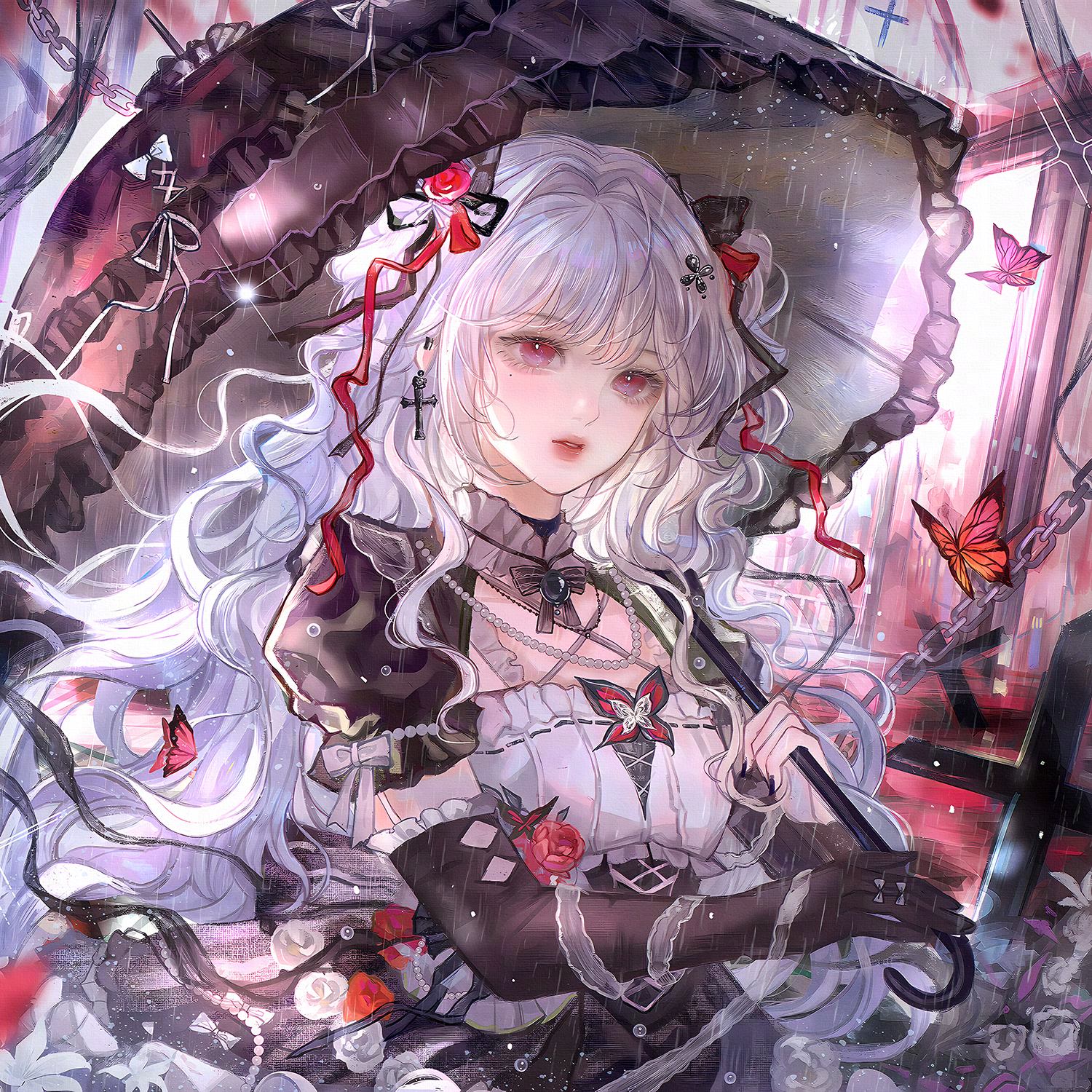 qingluanluan, original, highres, large variant set, variant set, 1girl, black gloves, bug, butterfly, chain, cross, dress, earrings, elbow gloves, flower, gloves, hair ornament, holding, holding umbrella, insect, jewelry, long hair, looking at viewer, parted lips, puffy sleeves, rain, red eyes, ribbon, rose, short sleeves, solo, umbrella, white hair