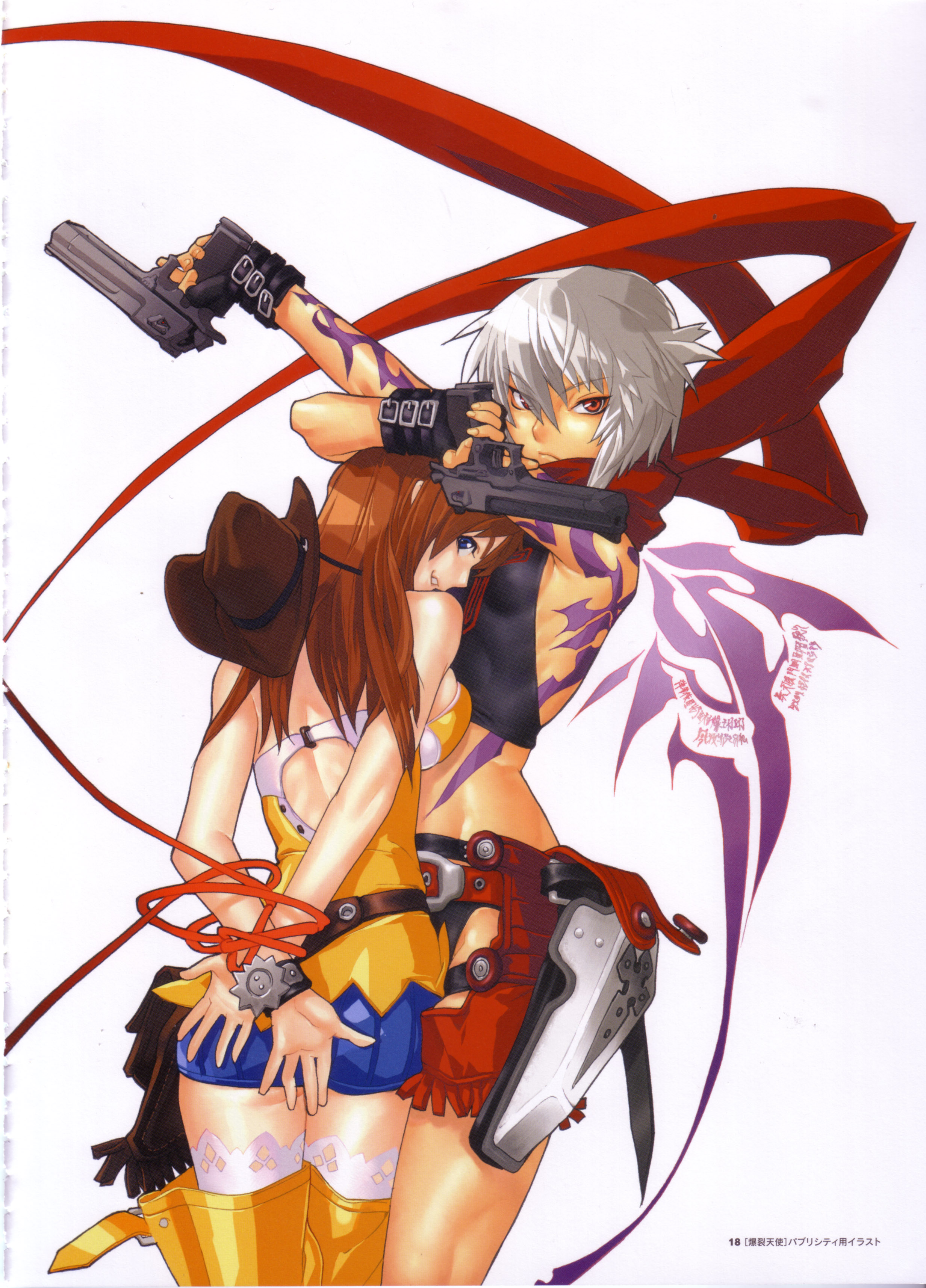 hakua ugetsu, jo (bakuretsu tenshi), meg (bakuretsu tenshi), bakuretsu tenshi, absurdres, highres, 00s, 2girls, cowboy hat, cowboy western, desert eagle, dual wielding, fringe trim, gun, handgun, hands on own hips, hat, holding, holster, multiple girls, pistol, rope, semi-automatic pistol, tattoo, thighhighs, weapon