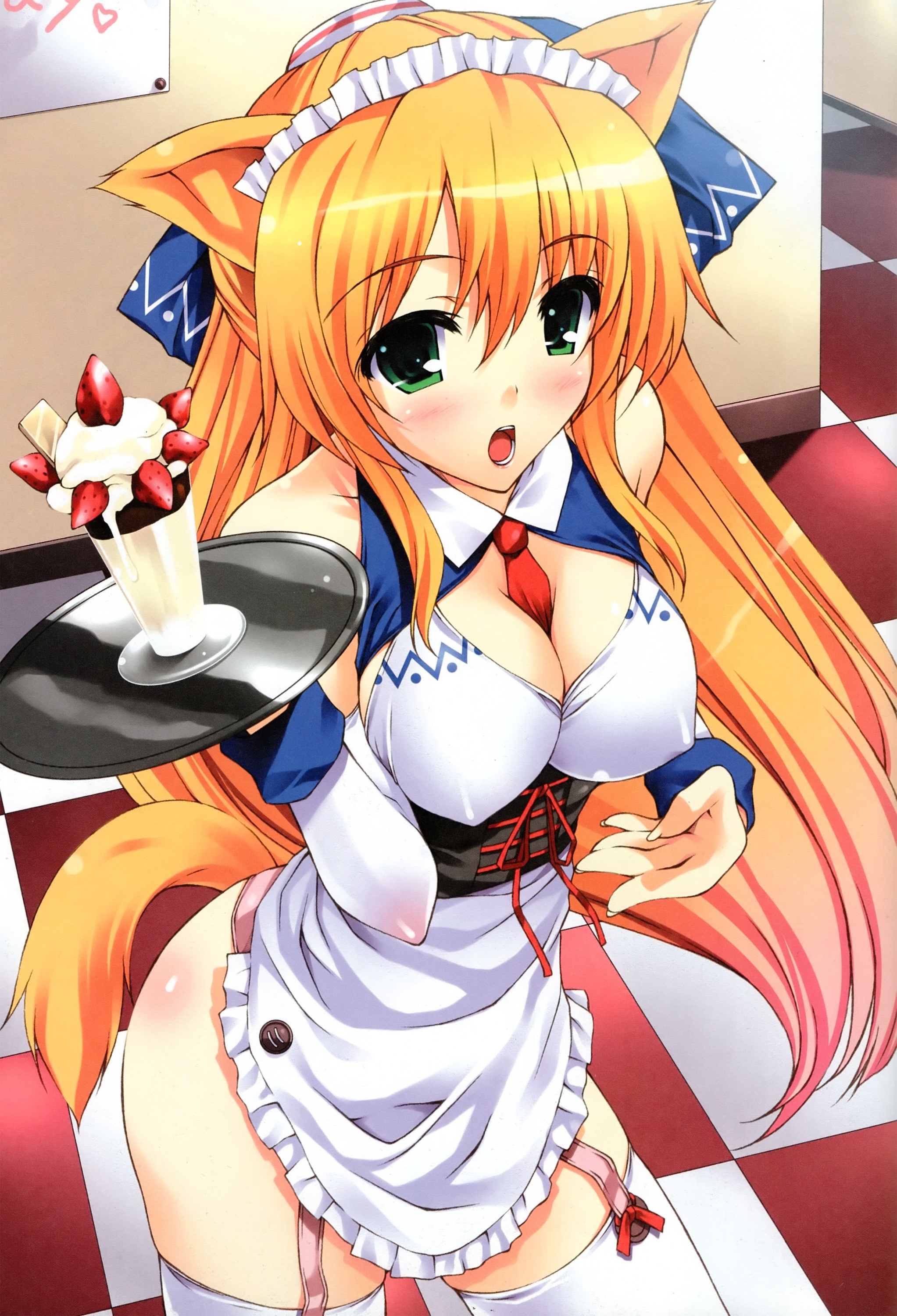 mizuhara yuu, absurdres, highres, scan, 1girl, animal ears, apron, ass, between breasts, blonde hair, blush, breasts, cleavage, covered erect nipples, female focus, food, fruit, garter straps, green eyes, headdress, large breasts, long hair, maid, maid apron, necktie, open mouth, solo, strawberry, tail, thighhighs, very long hair, waitress