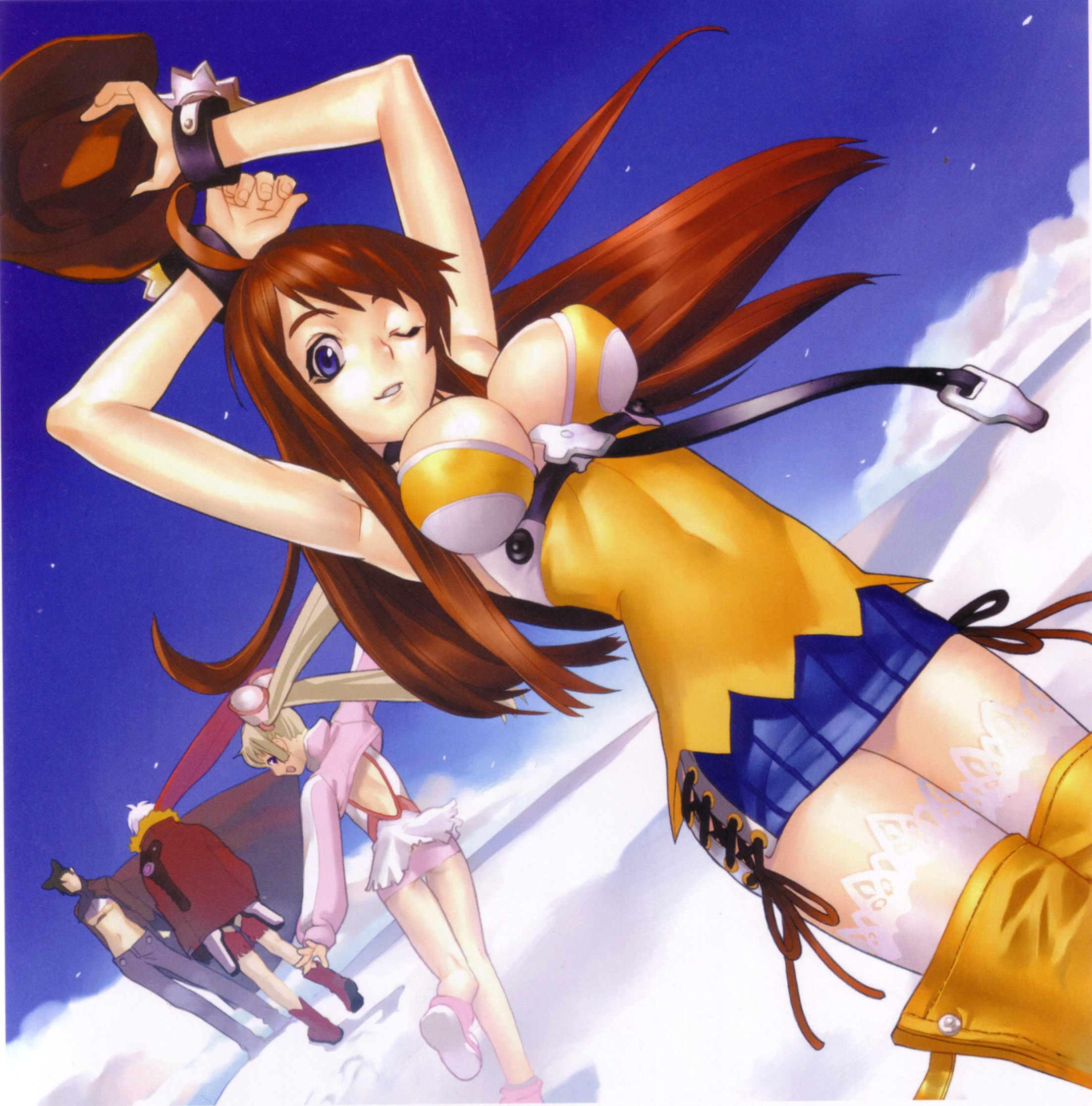 hakua ugetsu, amy (bakuretsu tenshi), jo (bakuretsu tenshi), meg (bakuretsu tenshi), sei (bakuretsu tenshi), bakuretsu tenshi, highres, scan, 00s, 4girls, armpits, arms up, blue eyes, breasts, brown hair, cloud, cowboy hat, cowboy western, day, hat, holster, large breasts, long hair, multiple girls, one eye closed, skirt, sky, thighhighs, underboob, wink