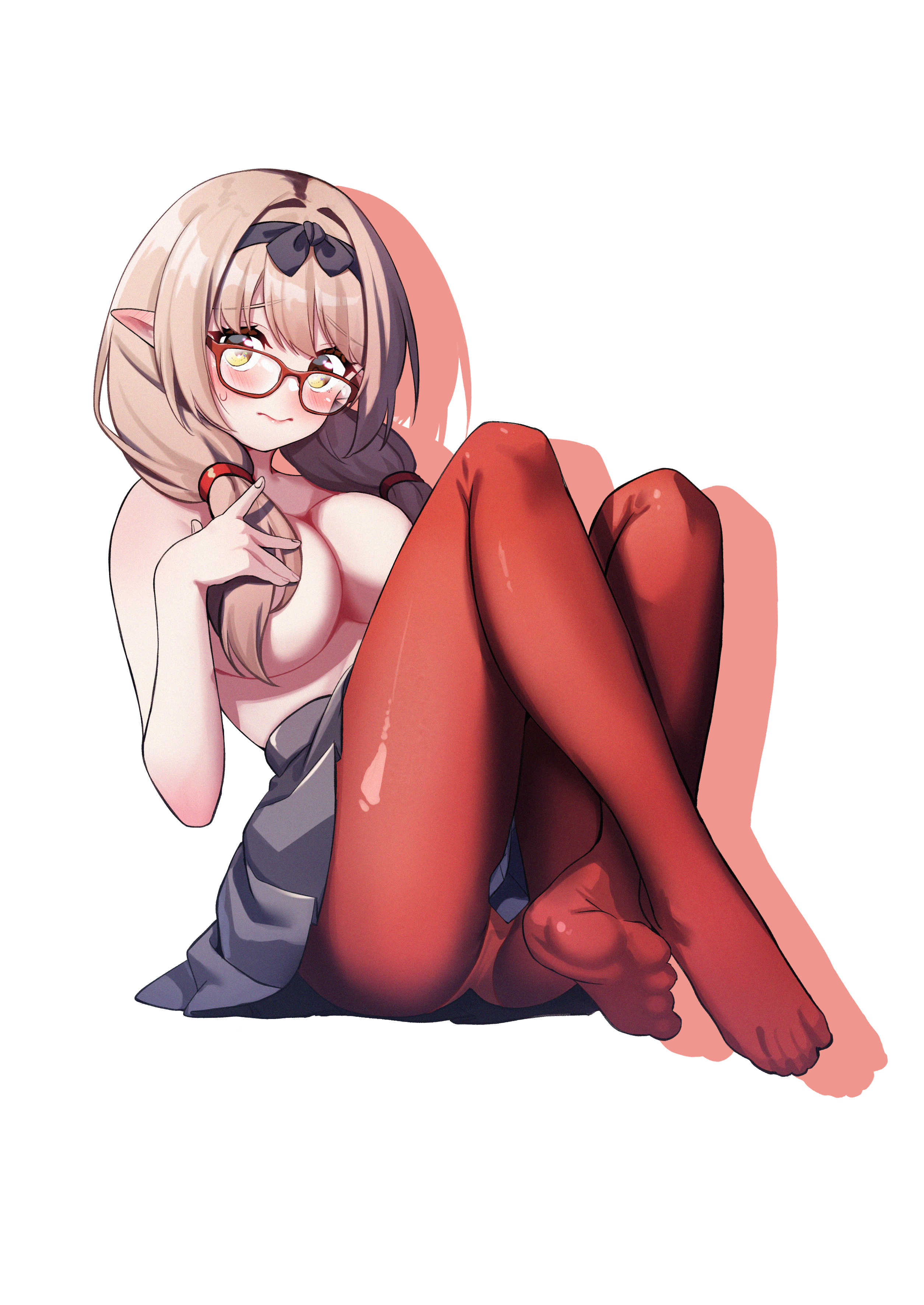 comaya, chinatsu (blue archive), blue archive, absurdres, highres, 1girl, black hairband, black skirt, blush, glasses, hairband, long hair, looking at viewer, low twintails, no halo, no shirt, no shoes, panties, pantyhose, pantyshot, pointy ears, red-framed eyewear, red pantyhose, skirt, solo, sweat, toes, topless female, twintails, underwear, white background