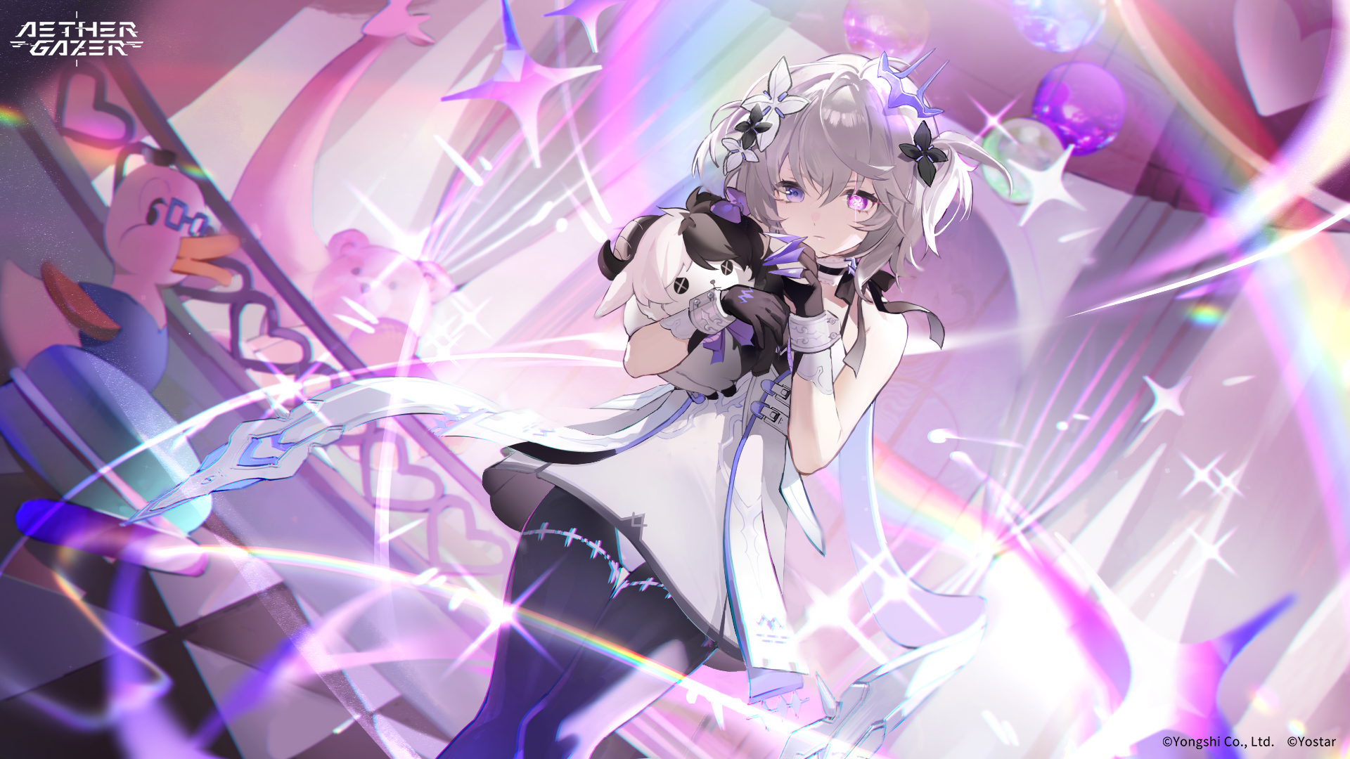 aether gazer, artist request, character request, highres, official art, second-party source, 1girl, black flower, black gloves, black pantyhose, black ribbon, closed mouth, copyright name, copyright notice, dress, flower, gloves, grey hair, hair flower, hair ornament, heart, heterochromia, holding, holding stuffed toy, neck ribbon, pantyhose, purple eyes, ribbon, solo, stuffed toy, white dress, white flower