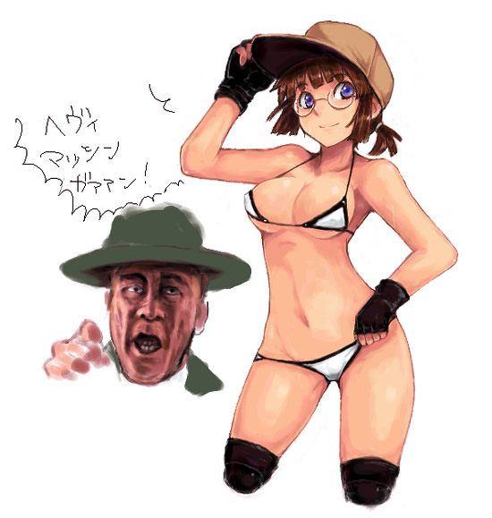 kara (color), fio germi, sgt hartman, full metal jacket, metal slug, translated, 1boy, 1girl, bikini, breasts, cowboy shot, cropped legs, glasses, gloves, hat, large breasts, looking at viewer, parody, short hair, simple background, smile, standing, swimsuit, thighhighs, white background