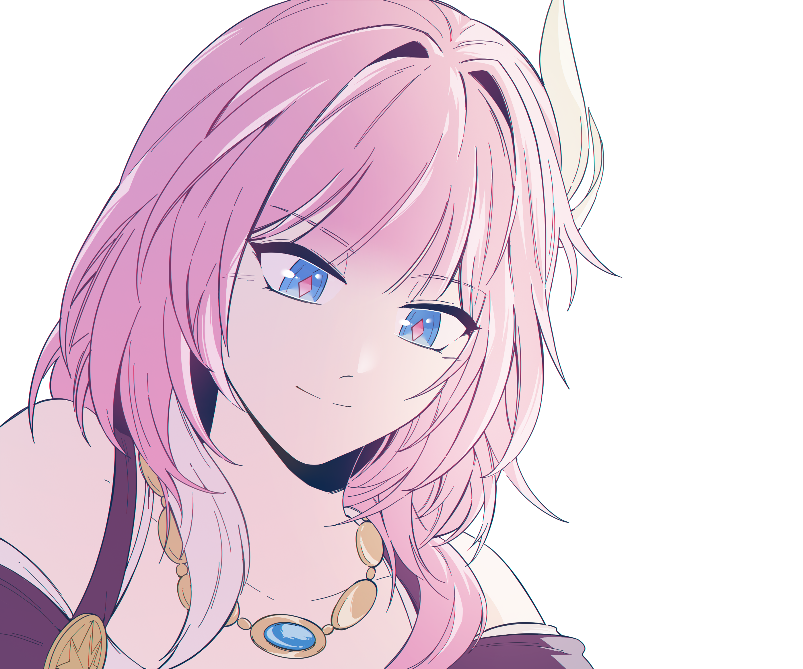 cyrene (honkai: star rail), honkai: star rail, honkai (series), commentary, highres, symbol-only commentary, 1girl, bare shoulders, blue eyes, coat, cyrene (aedes elysiae) (honkai: star rail), hair ornament, jewelry, m211103, multicolored hair, necklace, pink hair, purple coat, simple background, smile, solo, two-tone hair, upper body, white background, white hair
