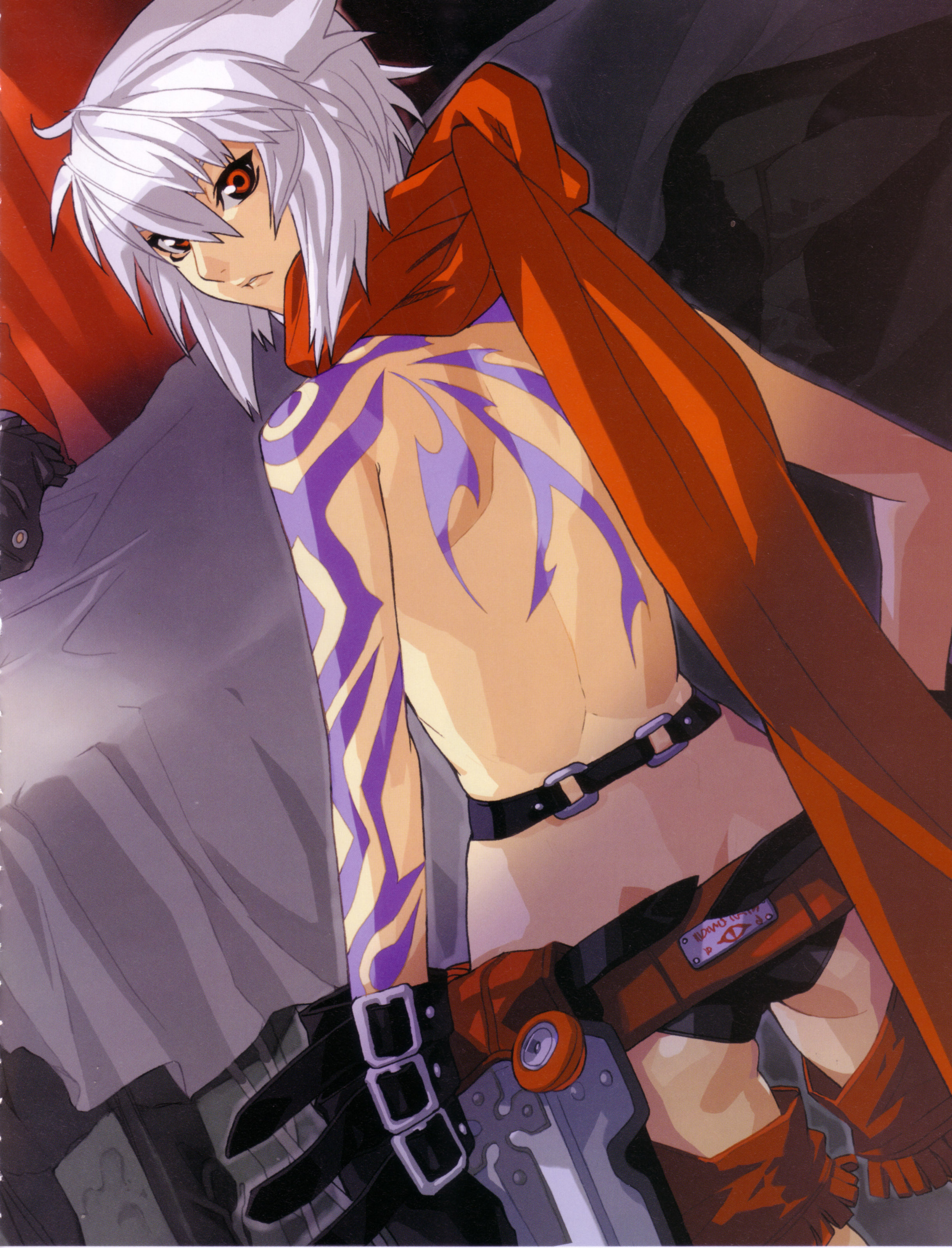 hakua ugetsu, jo (bakuretsu tenshi), bakuretsu tenshi, silver hair, absurdres, highres, scan, 00s, 1girl, female focus, fringe trim, gloves, panties, red eyes, short hair, solo, tattoo, underwear