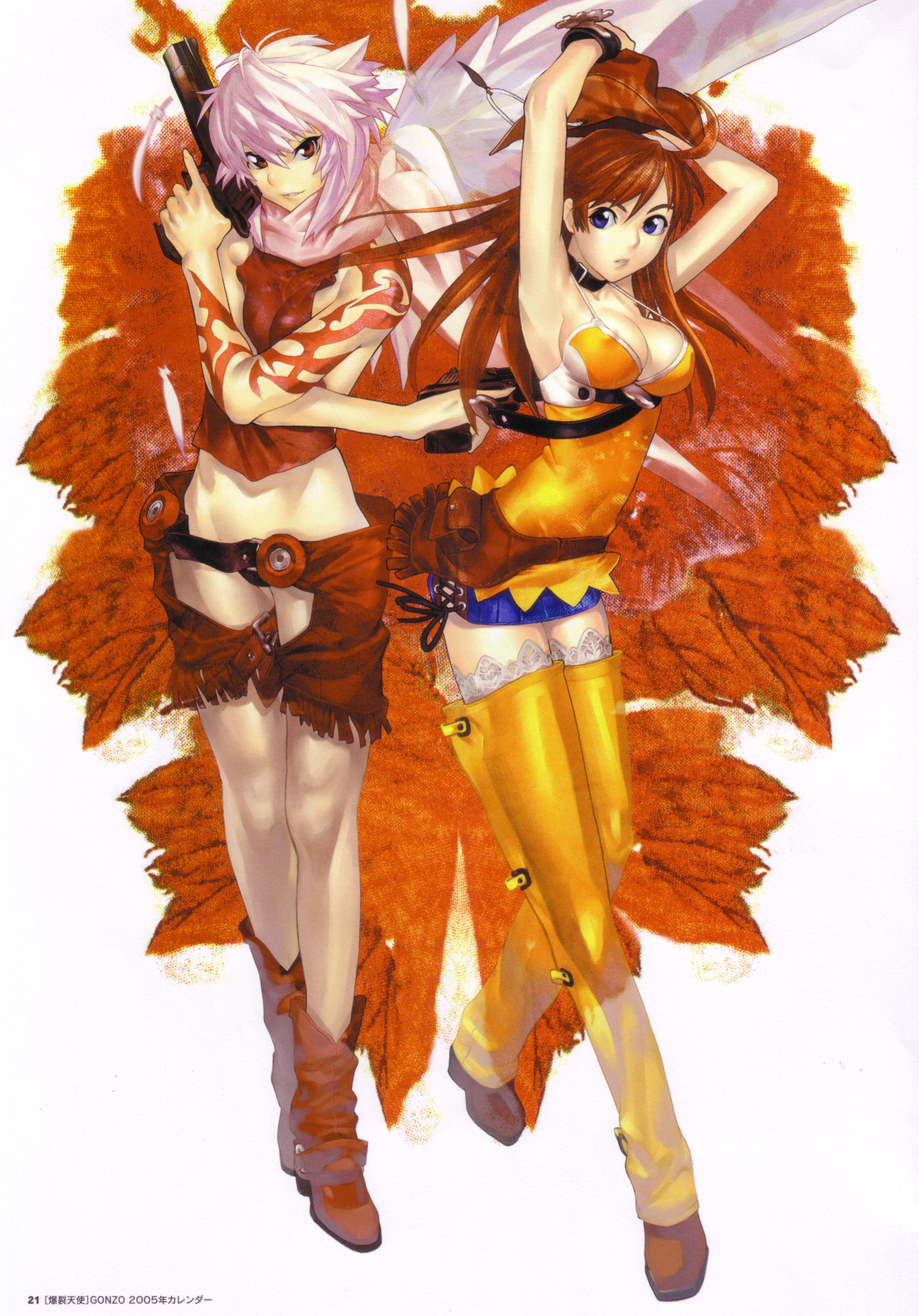 hakua ugetsu, jo (bakuretsu tenshi), meg (bakuretsu tenshi), bakuretsu tenshi, silver hair, absurdres, highres, scan, 00s, 2girls, boots, breasts, cleavage, cowboy hat, cowboy western, desert eagle, dual wielding, fringe trim, gun, handgun, hands on own hips, hat, holding, midriff, multiple girls, pink hair, pistol, red eyes, semi-automatic pistol, tattoo, thighhighs, weapon