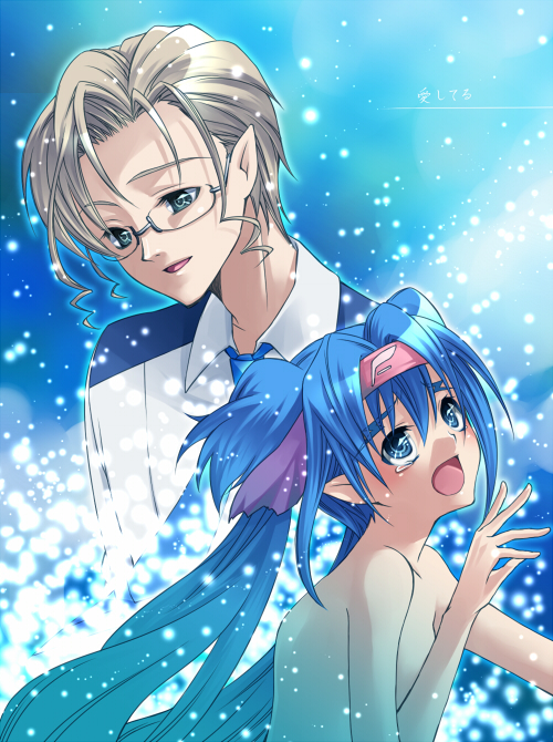 shiroya, klan klein, mikhail buran, macross, macross frontier, 00s, 1boy, 1girl, blonde hair, blue eyes, glasses, green eyes, headband, pointy ears, tears