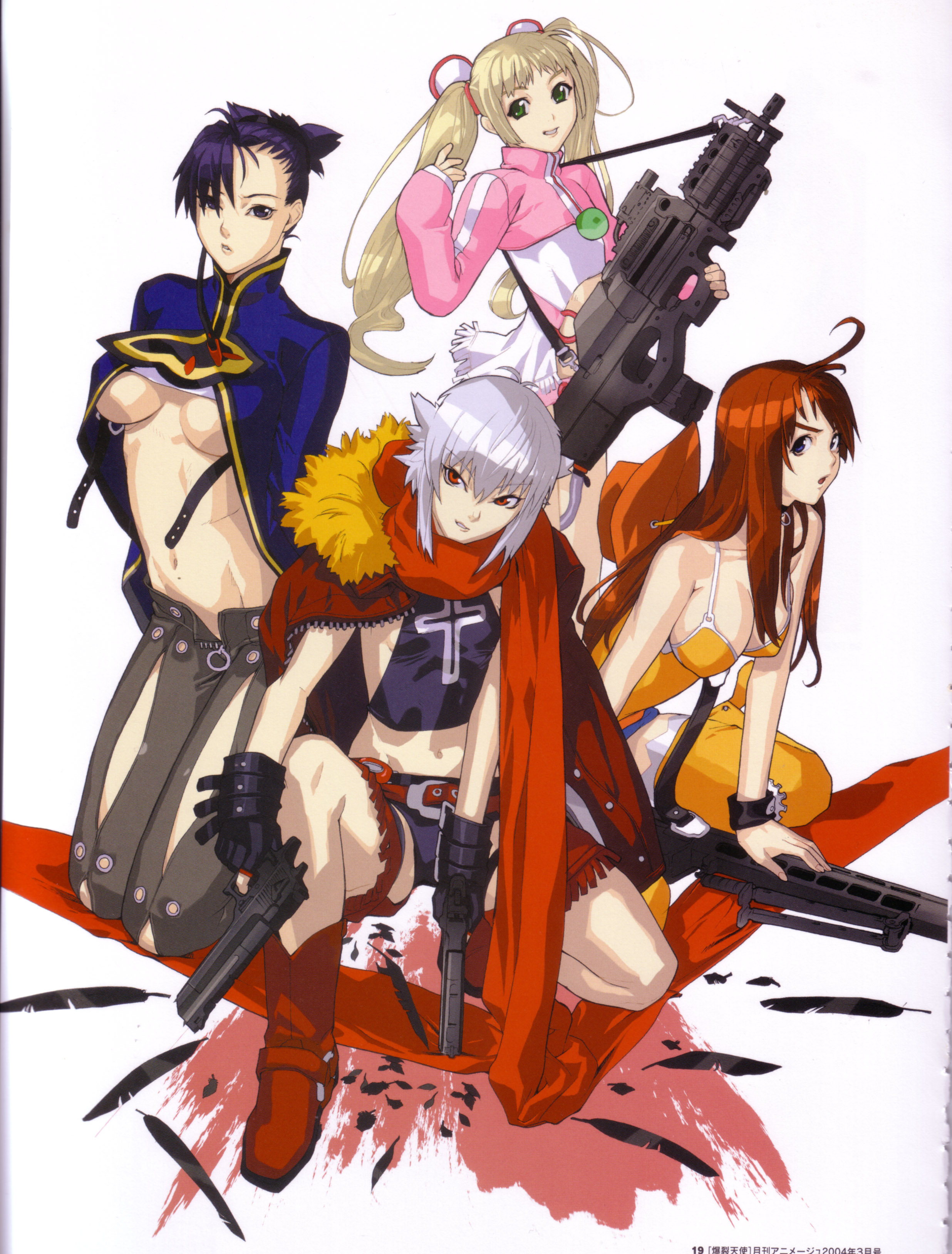hakua ugetsu, amy (bakuretsu tenshi), jo (bakuretsu tenshi), meg (bakuretsu tenshi), sei (bakuretsu tenshi), bakuretsu tenshi, absurdres, highres, 00s, 4girls, assault rifle, boots, breasts, bullpup, cleavage, desert eagle, dual wielding, fringe trim, gun, handgun, hands on own hips, holding, machine gun, midriff, multiple girls, pistol, rifle, semi-automatic pistol, thighhighs, underboob, weapon