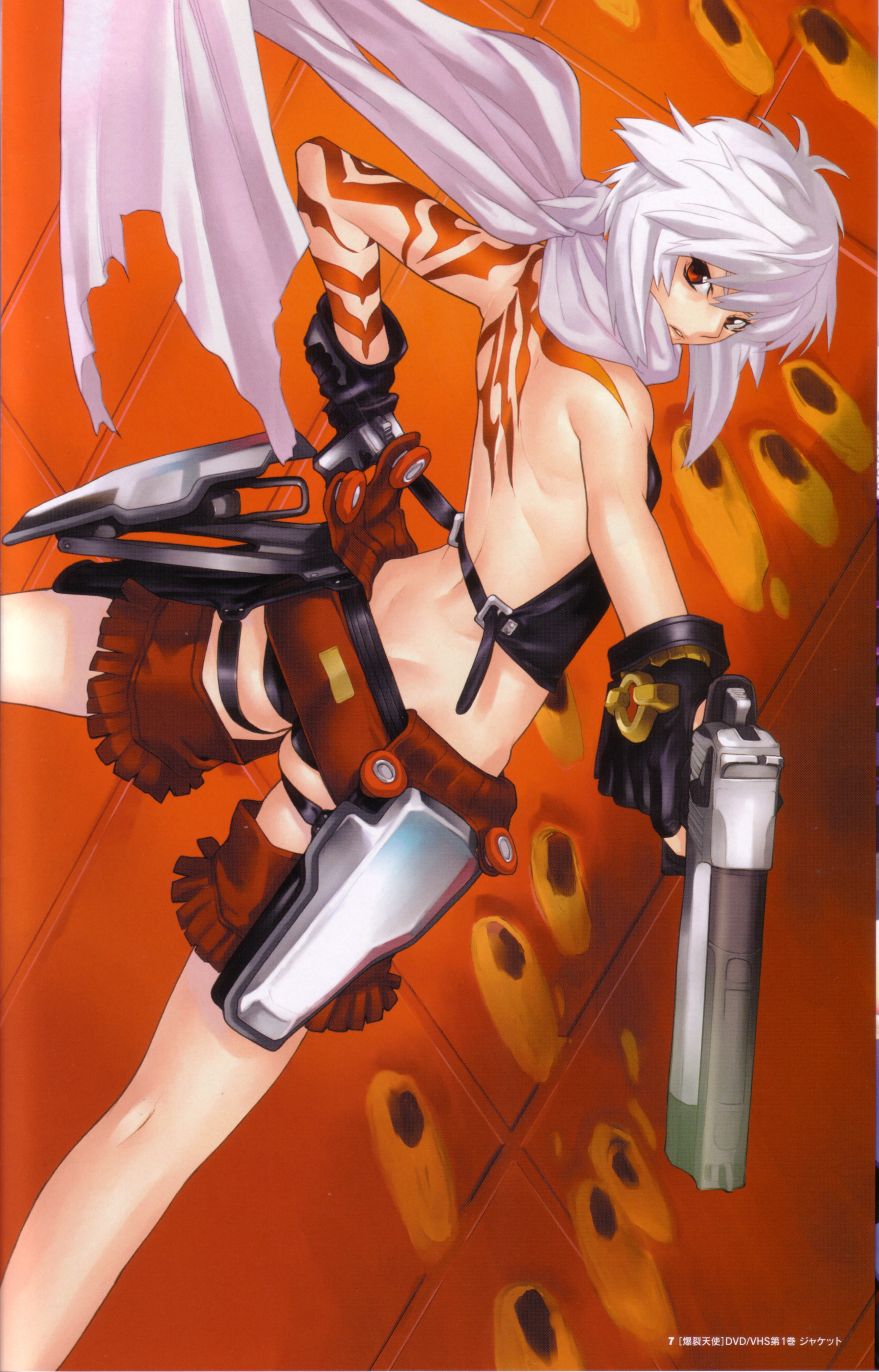 hakua ugetsu, jo (bakuretsu tenshi), bakuretsu tenshi, silver hair, absurdres, highres, 00s, 1girl, backless outfit, cocked hammer, desert eagle, dual wielding, female focus, fringe trim, gloves, gun, handgun, holding, holster, looking back, pistol, red eyes, scarf, short hair, solo, tattoo, thigh holster, weapon