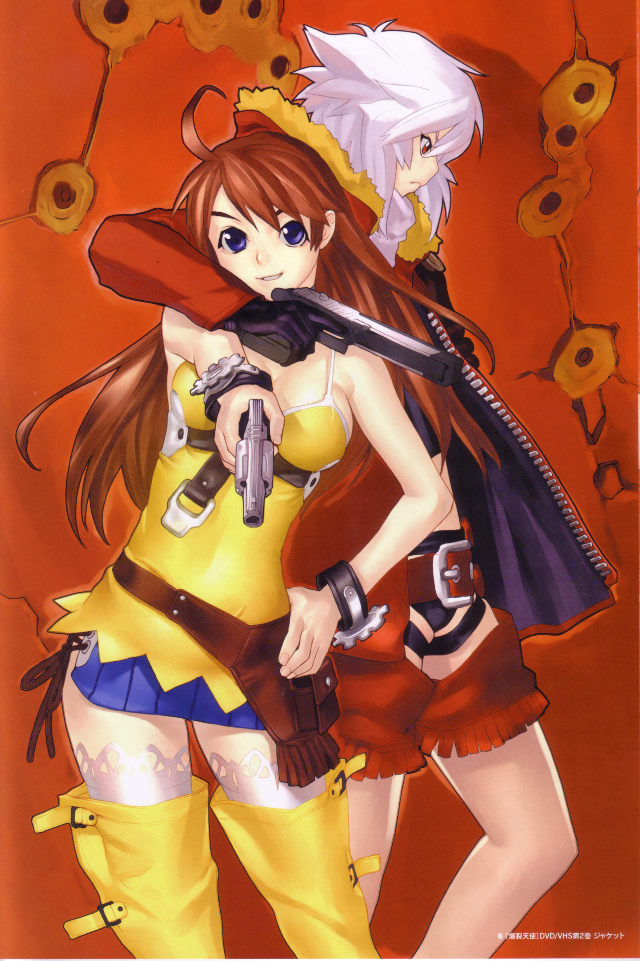 hakua ugetsu, jo (bakuretsu tenshi), meg (bakuretsu tenshi), bakuretsu tenshi, silver hair, absurdres, highres, scan, 00s, 2girls, blue eyes, fringe trim, multiple girls, orange hair, red eyes, short hair, thighhighs, weapon