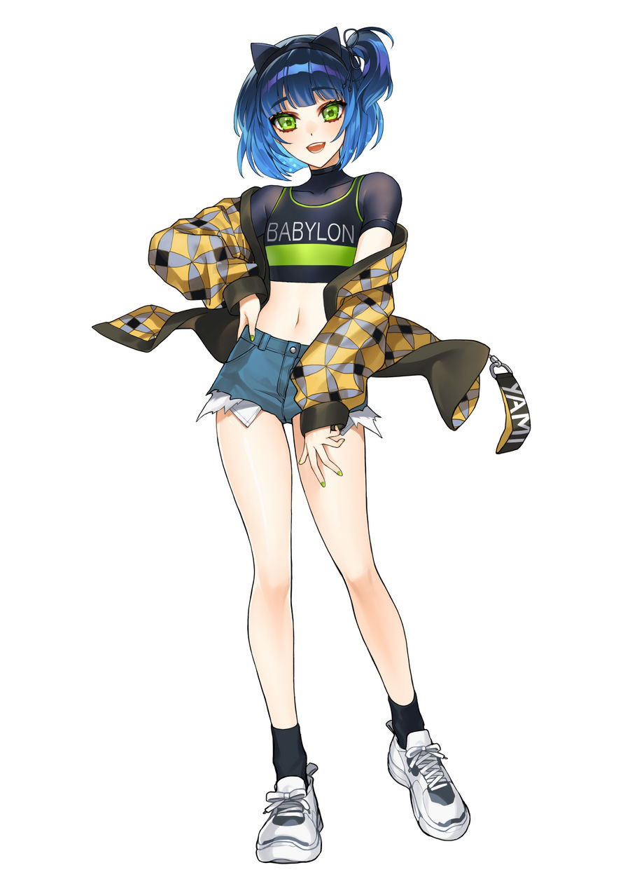 ultracat, ryoune yami, utau, commentary, commission, english commentary, highres, 1boy, :d, animal ear hairband, animal ears, ankle socks, bare legs, black hair, black hairband, black shirt, black socks, blue hair, blue shorts, blush, cat ear hairband, cat ears, clothes writing, collarbone, denim, denim shorts, exposed pocket, fake animal ears, full body, gradient hair, green eyes, green nails, hairband, halftone, hand on own hip, hand on own thigh, jacket, jacket partially removed, long sleeves, looking at viewer, male focus, micro shorts, midriff, multicolored hair, nail polish, navel, one side up, open clothes, open jacket, open mouth, puffy long sleeves, puffy sleeves, shirt, shoelaces, shoes, short hair, short sleeves, shorts, simple background, smile, sneakers, socks, solo, standing, teeth, trap, turtleneck, turtleneck shirt, two-tone hair, white background, white shoes, yellow jacket