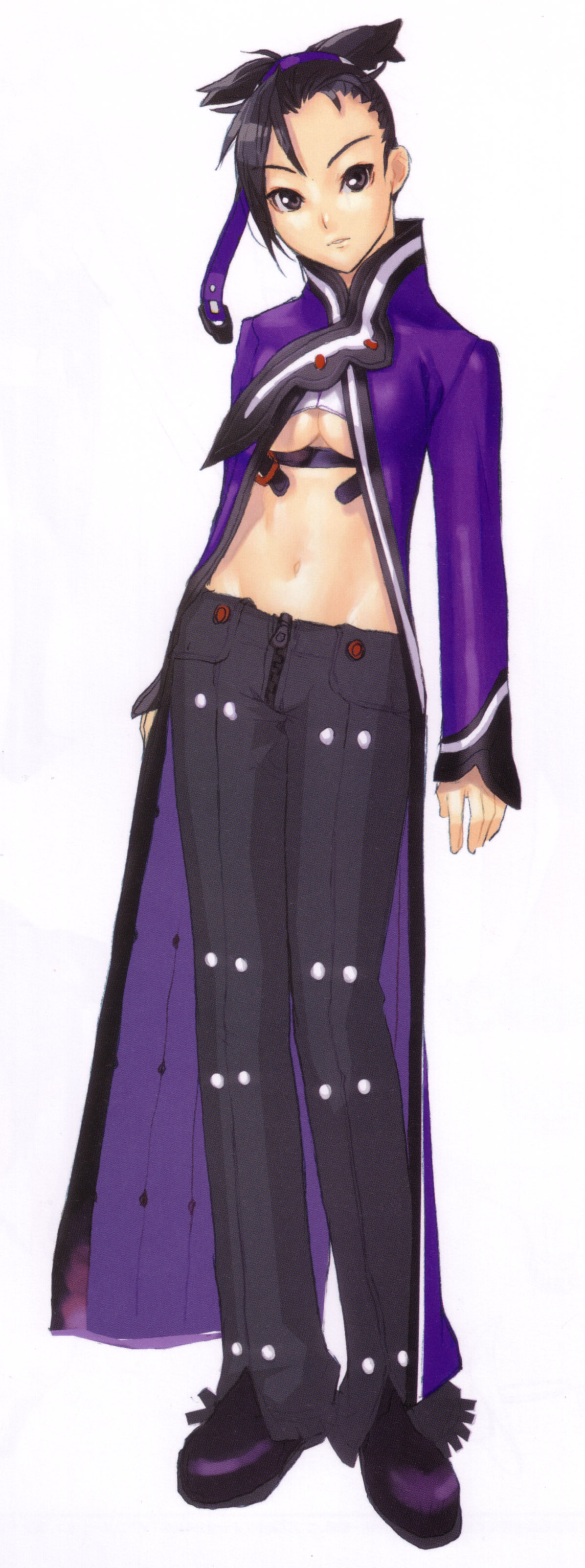 hakua ugetsu, sei (bakuretsu tenshi), bakuretsu tenshi, absurdres, highres, scan, 00s, 1girl, black eyes, black hair, breasts, cape, female focus, solo, underboob