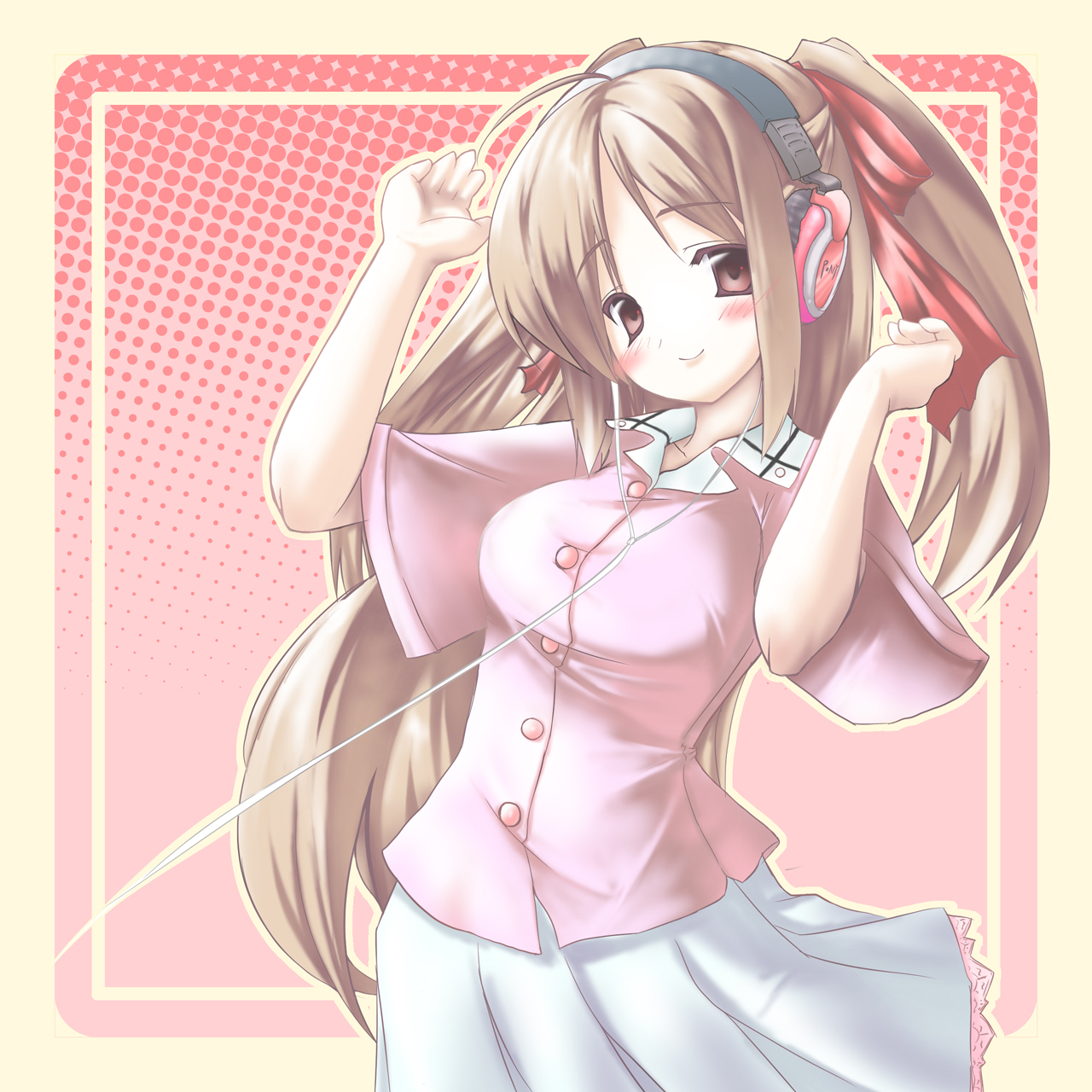 usume shirou, original, highres, brown eyes, brown hair, headphones, long hair, solo, twintails