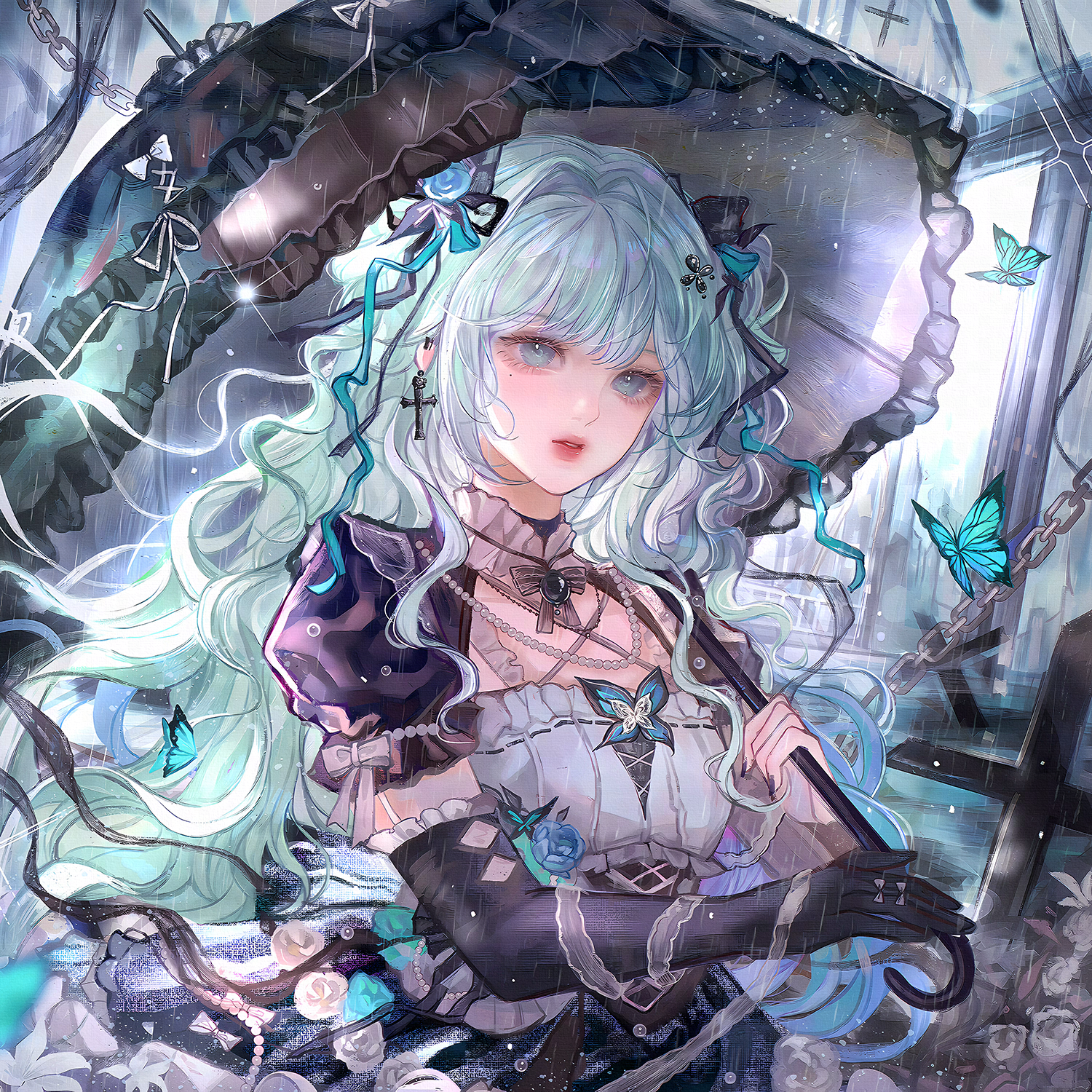 qingluanluan, original, highres, large variant set, variant set, 1girl, black gloves, blue butterfly, blue eyes, blue flower, blue hair, bug, butterfly, cross, dress, earrings, elbow gloves, flower, gloves, hair ornament, holding, holding umbrella, insect, jewelry, long hair, looking at viewer, mole, mole under eye, necklace, parted lips, puffy short sleeves, puffy sleeves, rain, ribbon, rose, short sleeves, solo, umbrella