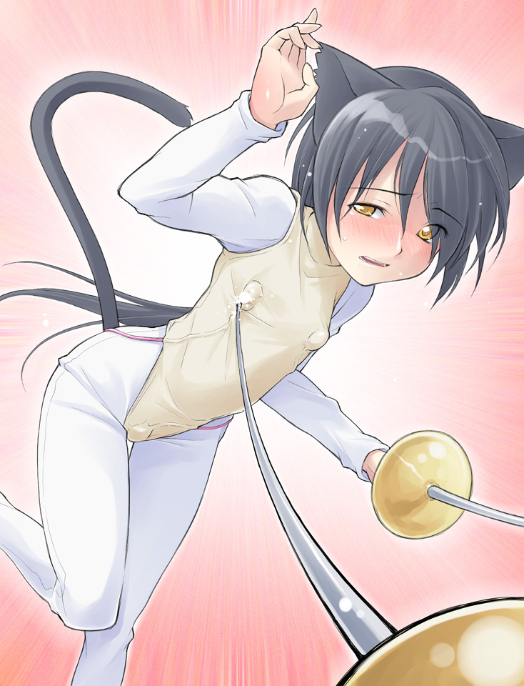 kazuita, tsukumo kazuita, original, 1girl, animal ears, black hair, blush, cat ears, cat tail, discreet vibrator, egg vibrator, female focus, fencing, holding, leotard, long hair, looking at viewer, nipple stimulation, open mouth, penalty match, ponytail, rapier, sex toy, short hair, solo, sword, tail, vibrator, vibrator on nipple, weapon, yellow eyes