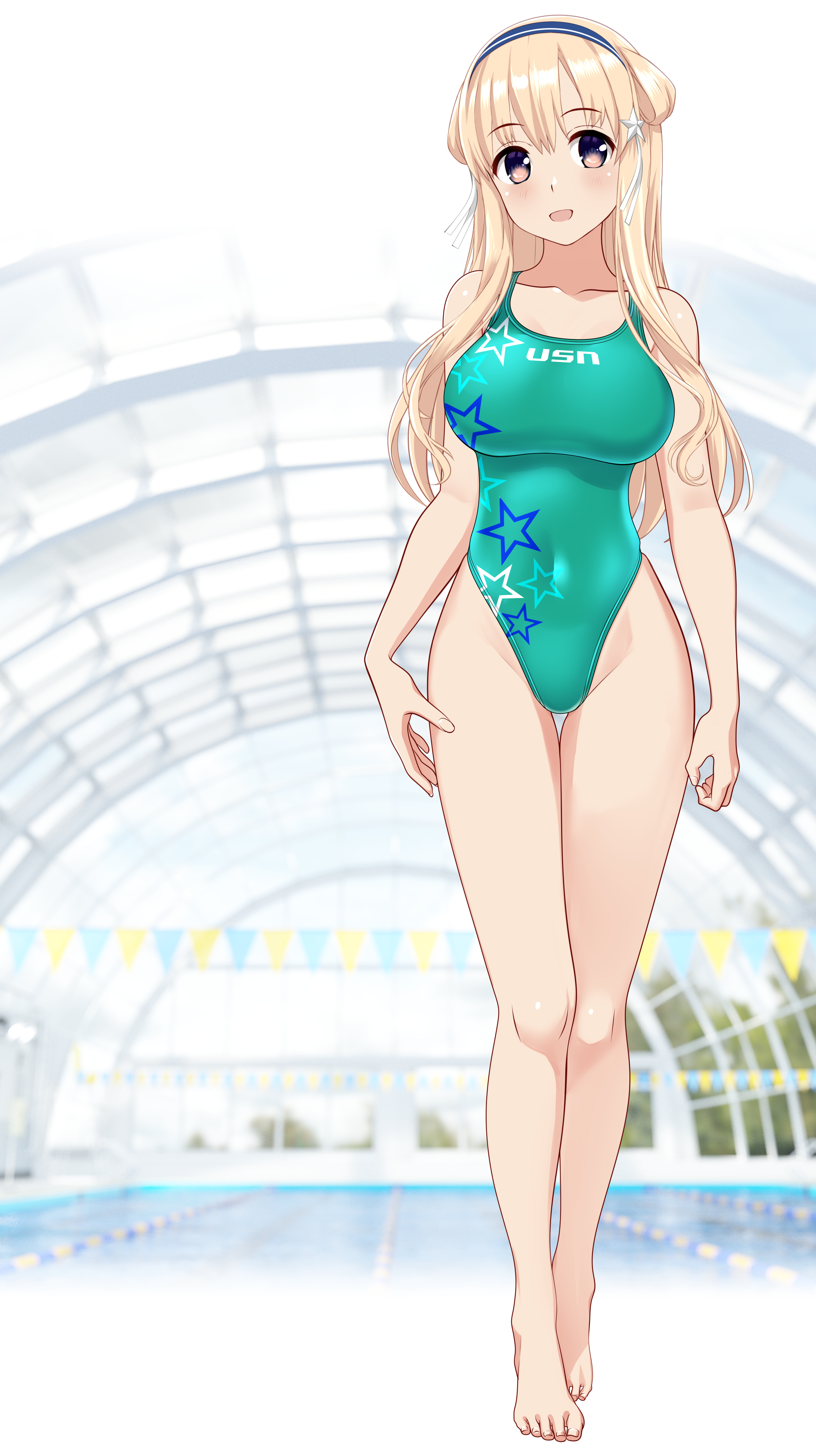 takafumi, fletcher (kancolle), kantai collection, absurdres, highres, 1girl, blonde hair, blue hairband, breasts, competition swimsuit, covered navel, double bun, full body, gradient eyes, green one-piece swimsuit, hair between eyes, hair bun, hair ornament, hairband, highleg, highleg one-piece swimsuit, large breasts, long hair, looking at viewer, multicolored eyes, one-piece swimsuit, print one-piece swimsuit, purple eyes, solo, star (symbol), star hair ornament, star print, swimsuit, very long hair, yellow eyes