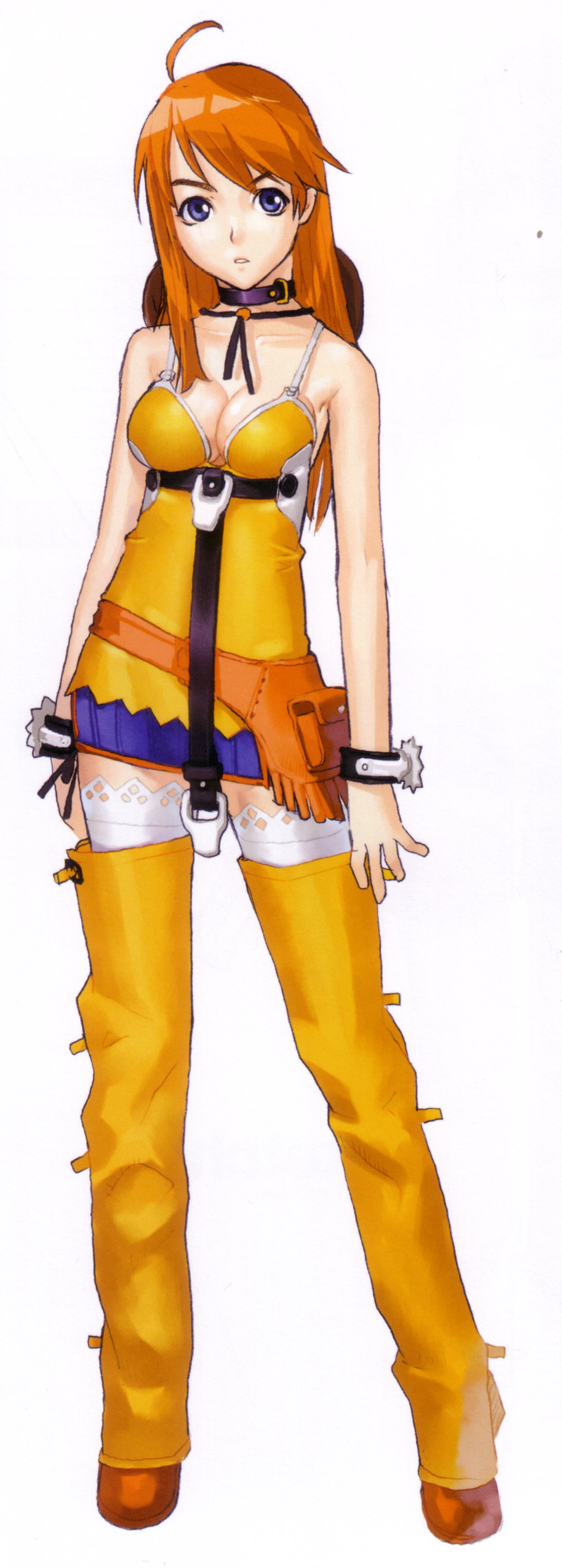 hakua ugetsu, meg (bakuretsu tenshi), bakuretsu tenshi, absurdres, highres, scan, 00s, 1girl, blue eyes, breasts, cleavage, female focus, fringe trim, large breasts, orange hair, solo