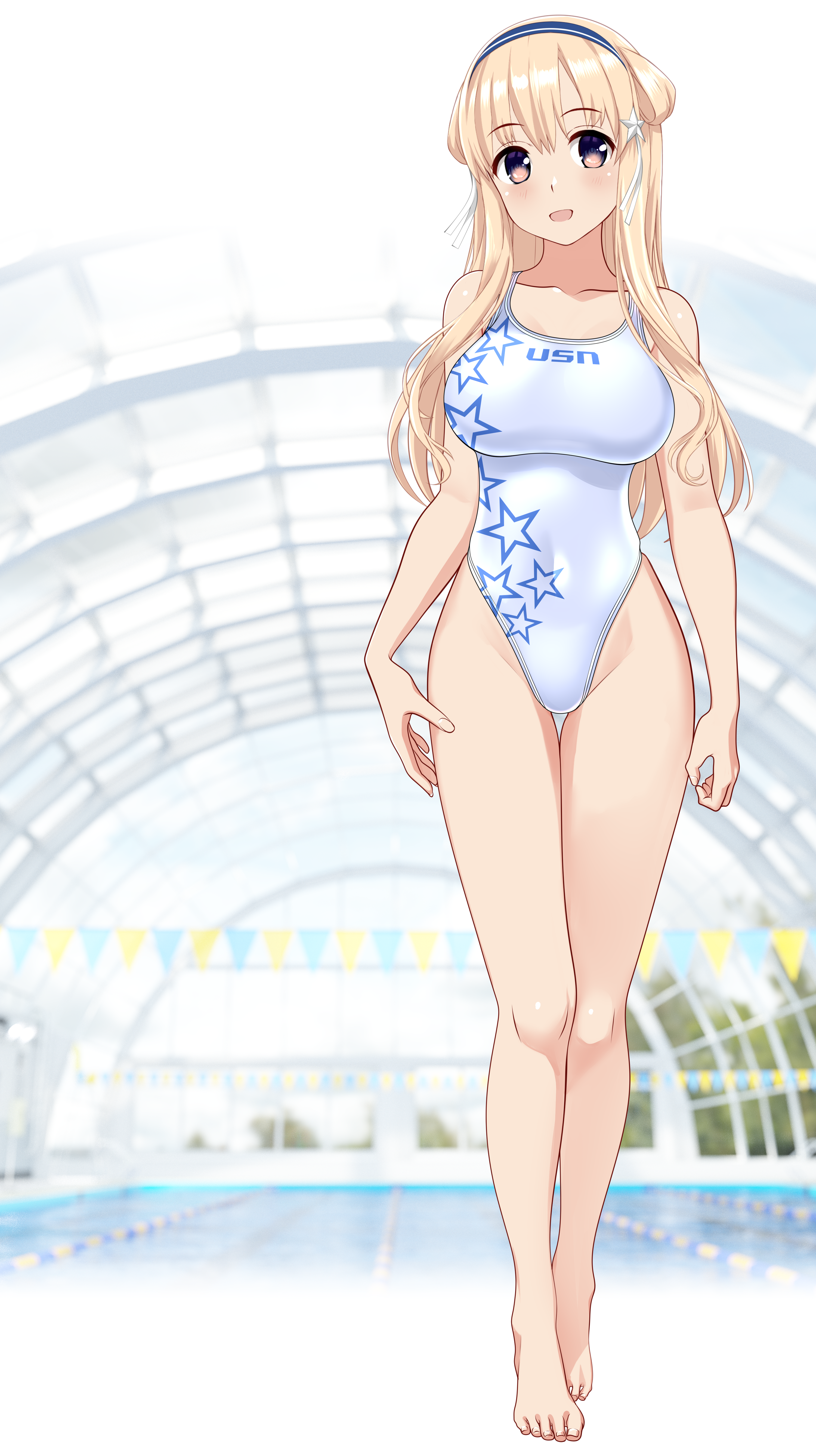 takafumi, fletcher (kancolle), kantai collection, absurdres, highres, 1girl, blonde hair, blue hairband, breasts, competition swimsuit, covered navel, double bun, full body, gradient eyes, hair between eyes, hair bun, hair ornament, hairband, highleg, highleg one-piece swimsuit, large breasts, long hair, looking at viewer, multicolored eyes, one-piece swimsuit, print one-piece swimsuit, purple eyes, solo, star (symbol), star hair ornament, star print, swimsuit, very long hair, white one-piece swimsuit, yellow eyes