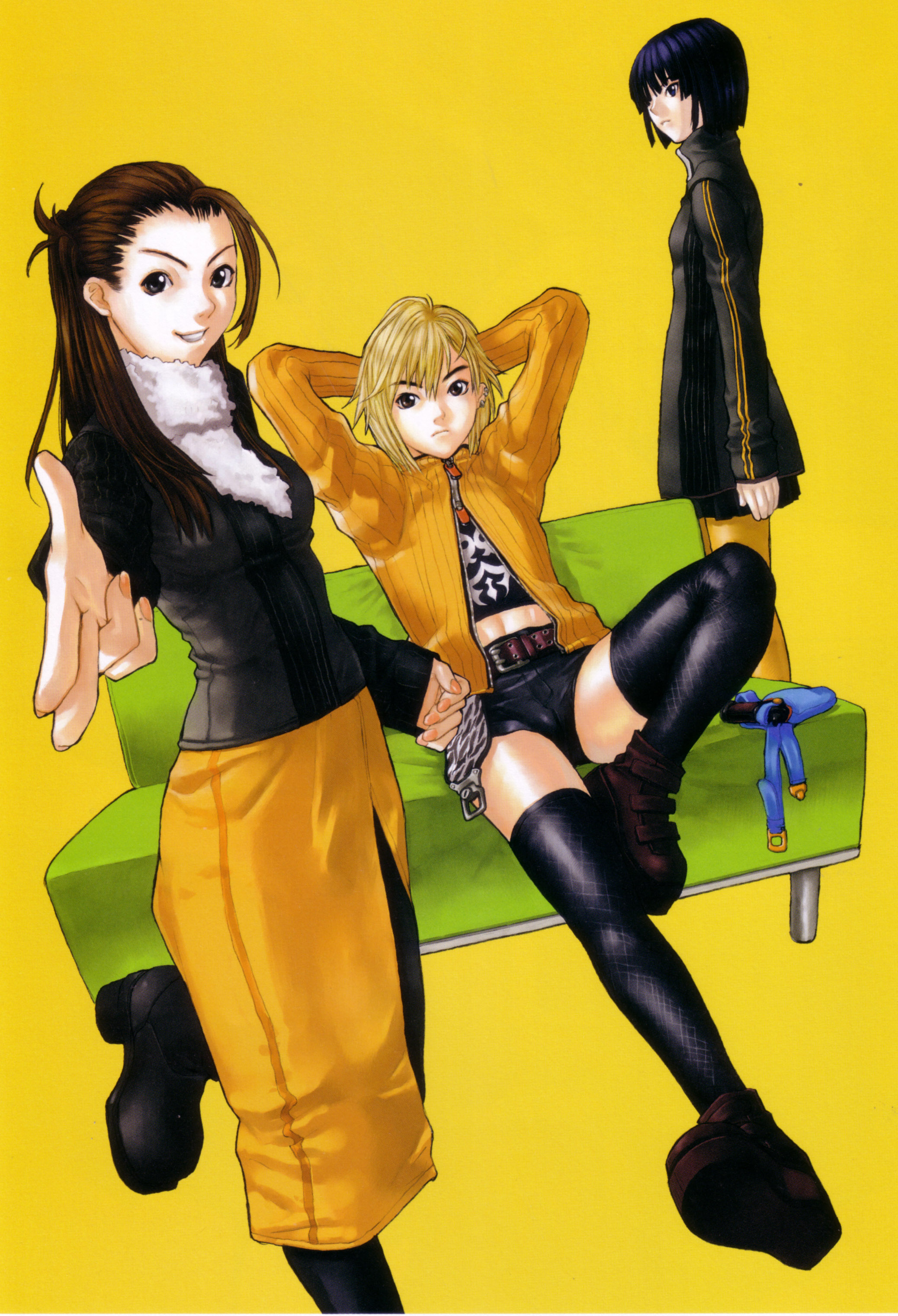 hakua ugetsu, minna no shoukinkasegi, black legwear, looking away, platform footwear, yellow legwear, absurdres, highres, official art, scan, 3girls, arms behind head, arms up, belt, black hair, blonde hair, blue eyes, blunt bangs, bob cut, boots, brown eyes, brown hair, couch, crop top, double vertical stripe, earrings, finger gun, fingernails, flat chest, foreshortening, frown, fur trim, grin, high heels, jacket, jewelry, leg lift, long fingernails, long hair, looking at viewer, looking back, midriff, miniskirt, multiple girls, nail polish, open clothes, open shirt, open skirt, orange shirt, outstretched arm, pantyhose, pleated skirt, pointing, profile, reclining, shirt, shoes, short hair, short shorts, shorts, simple background, single vertical stripe, sitting, skirt, smile, standing, sweater, thighhighs, track jacket, turtleneck, unzipped, zettai ryouiki