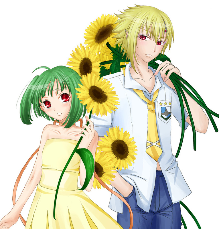 brera sterne, ranka lee, macross, macross frontier, 00s, blonde hair, blush, brother and sister, flower, green hair, hair ornament, hairpin, red eyes, school uniform, serafuku, short hair, siblings, sunflower