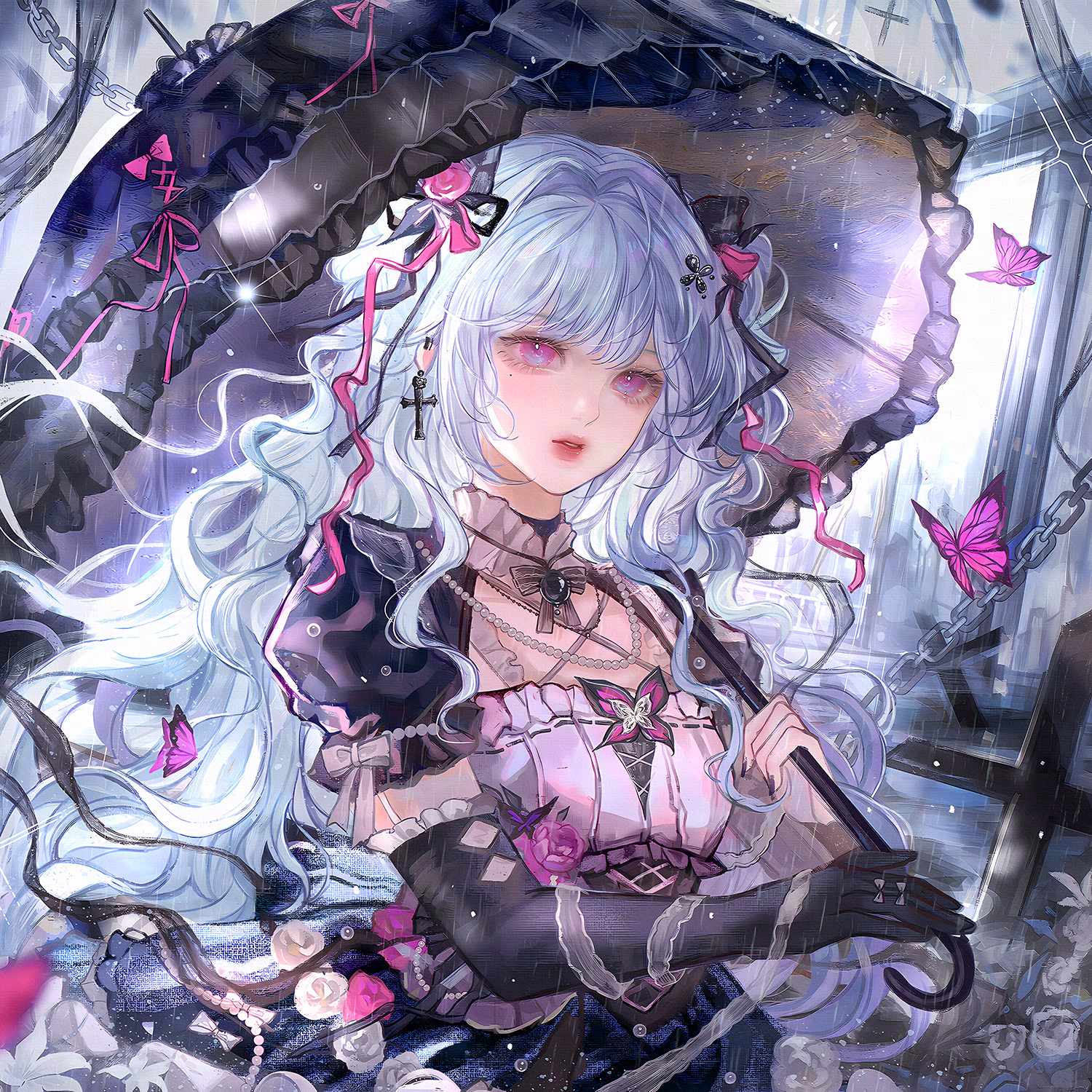 qingluanluan, original, highres, large variant set, variant set, 1girl, black gloves, blue hair, bow, bug, butterfly, chain, cross, dress, earrings, elbow gloves, flower, gloves, hair ornament, holding, holding umbrella, insect, jewelry, long hair, mole, mole under eye, necklace, parted lips, pink eyes, pink flower, puffy short sleeves, puffy sleeves, rain, ribbon, rose, short sleeves, solo, umbrella