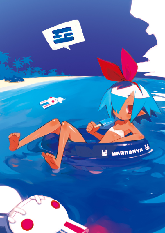 harada takehito, pleinair, same-san, usagi-san, original, 1girl, afloat, bare shoulders, barefoot, bikini, blue hair, feet, female focus, floating, food, hair ribbon, innertube, lying, partially submerged, pointy ears, popsicle, rabbit, red eyes, ribbon, short hair, soles, solo, stuffed animal, stuffed toy, swim ring, swimsuit, water