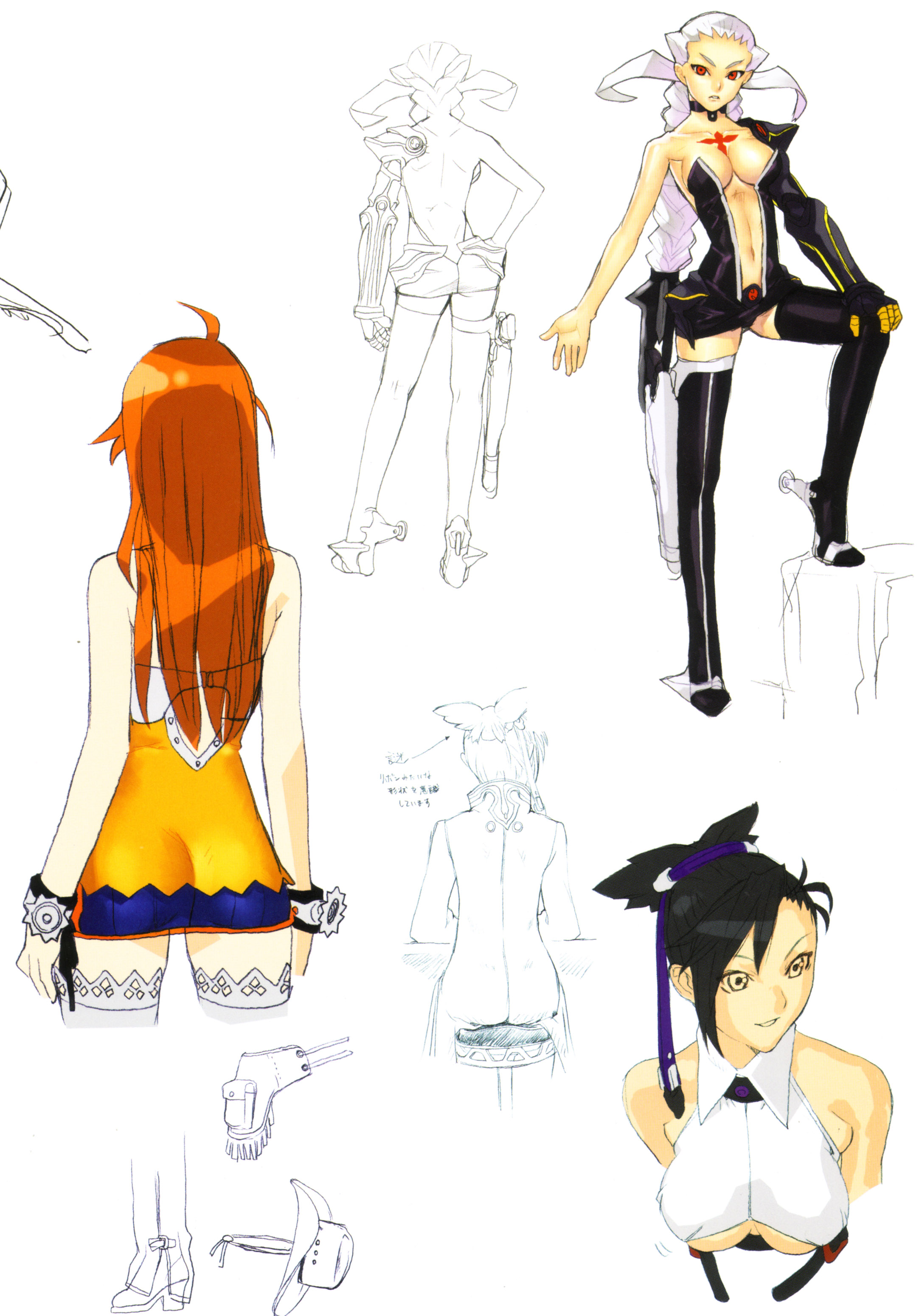 hakua ugetsu, maria (bakuretsu tenshi), meg (bakuretsu tenshi), sei (bakuretsu tenshi), bakuretsu tenshi, hand on thigh, lace-trimmed legwear, looking away, no bangs, absurdres, highres, official art, scan, 00s, 3girls, :d, arrow (symbol), ass, back, bare back, bare shoulders, black hair, black thighhighs, boots, bouncing breasts, braid, breasts, center opening, chaps, choker, cleavage, cowboy hat, cowboy western, dress, fringe trim, from behind, hair ornament, hair ribbon, halterneck, hat, high heels, holster, lace, lace trim, large breasts, leg lift, lineart, long hair, looking at viewer, midriff, miniskirt, monochrome, multiple girls, navel, no bra, open mouth, orange hair, outstretched hand, prosthesis, red eyes, red hair, reference sheet, ribbon, shoes, short dress, short hair, short twintails, sideboob, sidelocks, simple background, single braid, sketch, skirt, smile, standing, tattoo, thigh boots, thighhighs, twintails, underboob, upper body, white background, white hair, white thighhighs, wristband, yellow eyes, zettai ryouiki