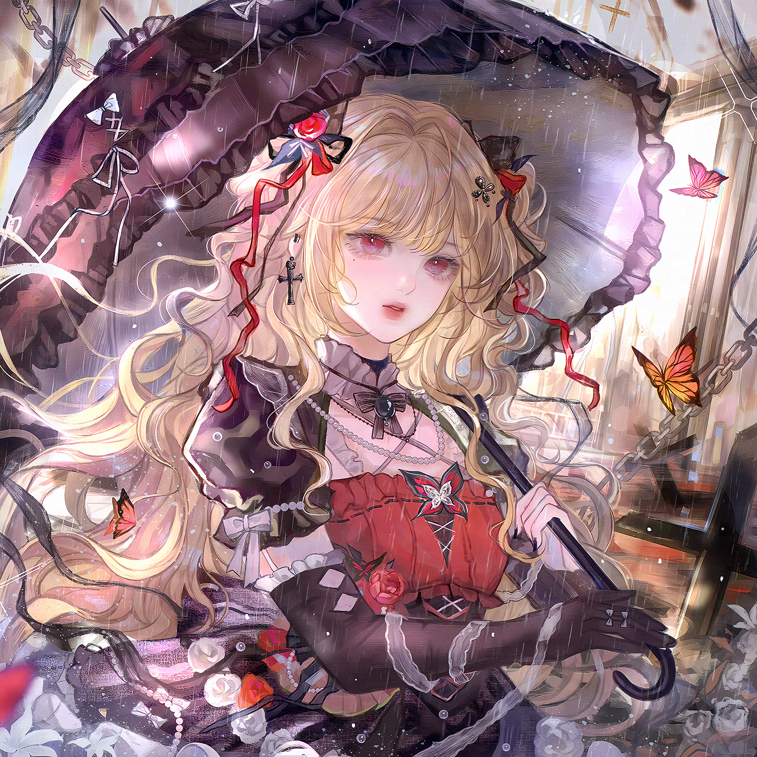 qingluanluan, original, highres, large variant set, variant set, 1girl, blonde hair, bug, butterfly, cross, dress, earrings, elbow gloves, flower, gloves, hair ornament, holding, holding umbrella, insect, jewelry, long hair, necklace, pink eyes, rain, red eyes, solo, umbrella