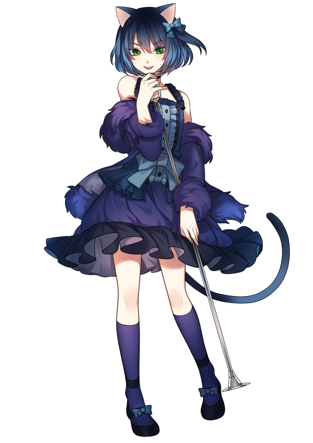 ultracat, ryoune yami, utau, commentary, commission, english commentary, highres, 1boy, :d, animal ears, bare shoulders, black choker, black hair, black shoes, black skirt, blue bow, blue hair, blue shirt, bow, cat ears, center frills, choker, crossdressing, crossdressing (mtf), footwear bow, frilled shirt, frilled skirt, frills, full body, fur-trimmed jacket, fur trim, gradient hair, green eyes, hair bow, hand up, holding, holding microphone stand, jacket, jacket partially removed, kneehighs, looking at viewer, male focus, microphone stand, multicolored hair, one side up, open clothes, open jacket, open mouth, purple jacket, purple socks, shirt, shirt bow, shoes, short hair, simple background, skirt, sleeveless, sleeveless shirt, smile, socks, solo, standing, teeth, trap, two-tone hair, upper teeth only, v-shaped eyebrows, white background