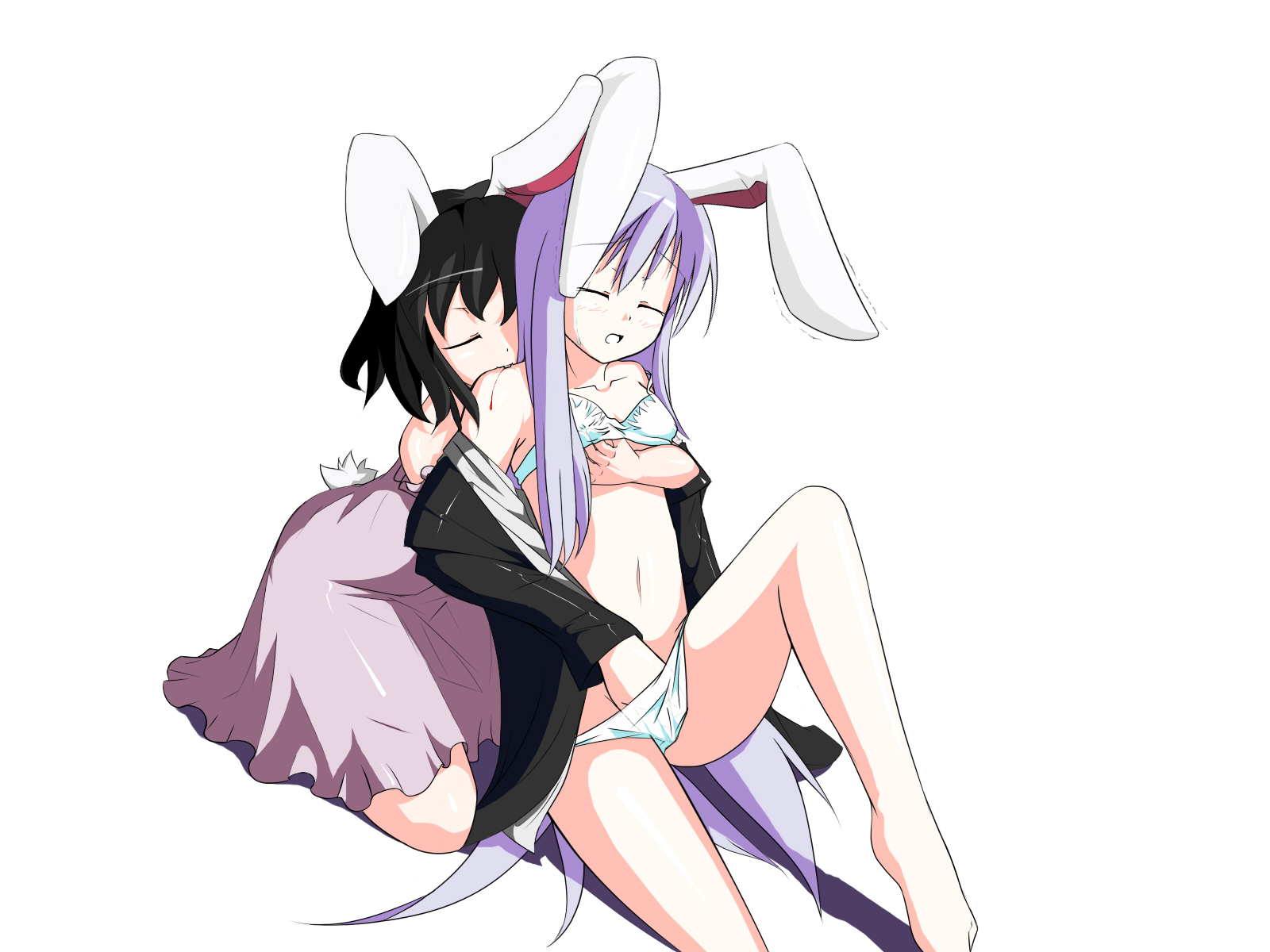 tosikage, inaba tewi, reisen udongein inaba, touhou, highres, 2girls, age difference, animal ears, biting, black hair, blood, bra, breasts, feet, feet out of frame, female focus, fingering, grabbing another's breast, groping, hand in panties, lingerie, loli, long hair, multiple girls, onee-loli, panties, purple hair, rabbit ears, short hair, underwear, yuri