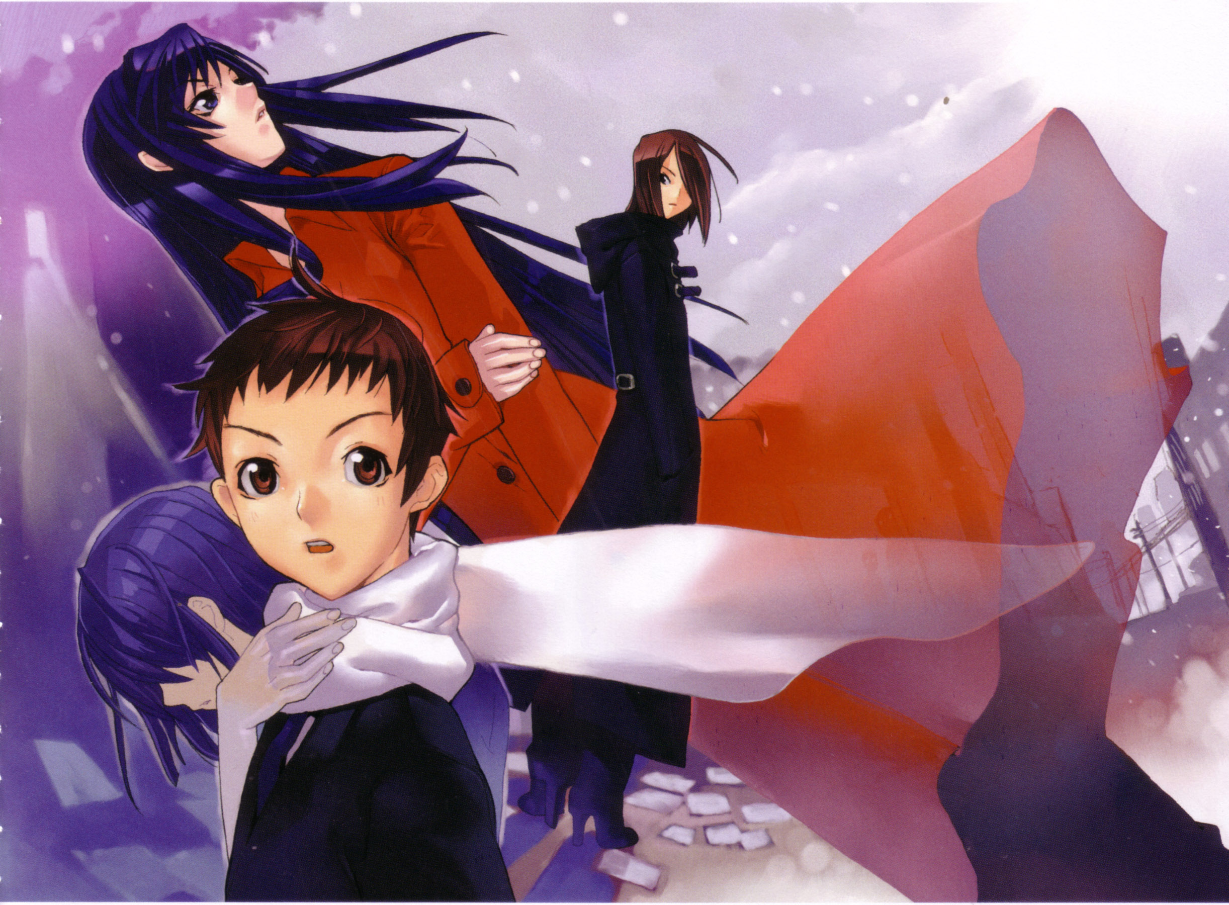 hakua ugetsu, yuurei wa yukuefumei, arm grab, highres, official art, scan, 1boy, 3girls, :o, age difference, ahoge, black hair, blue hair, boots, brown eyes, brown hair, buttons, cloud, coat, dutch angle, frown, hair over eyes, hair over one eye, hand on own chest, high heels, long hair, looking back, multiple girls, outdoors, power lines, profile, scarf, shoes, short hair, sidelocks, sky, snow, standing, strap, sun, trench coat, upper body, utility pole, very long hair, wind, wind lift