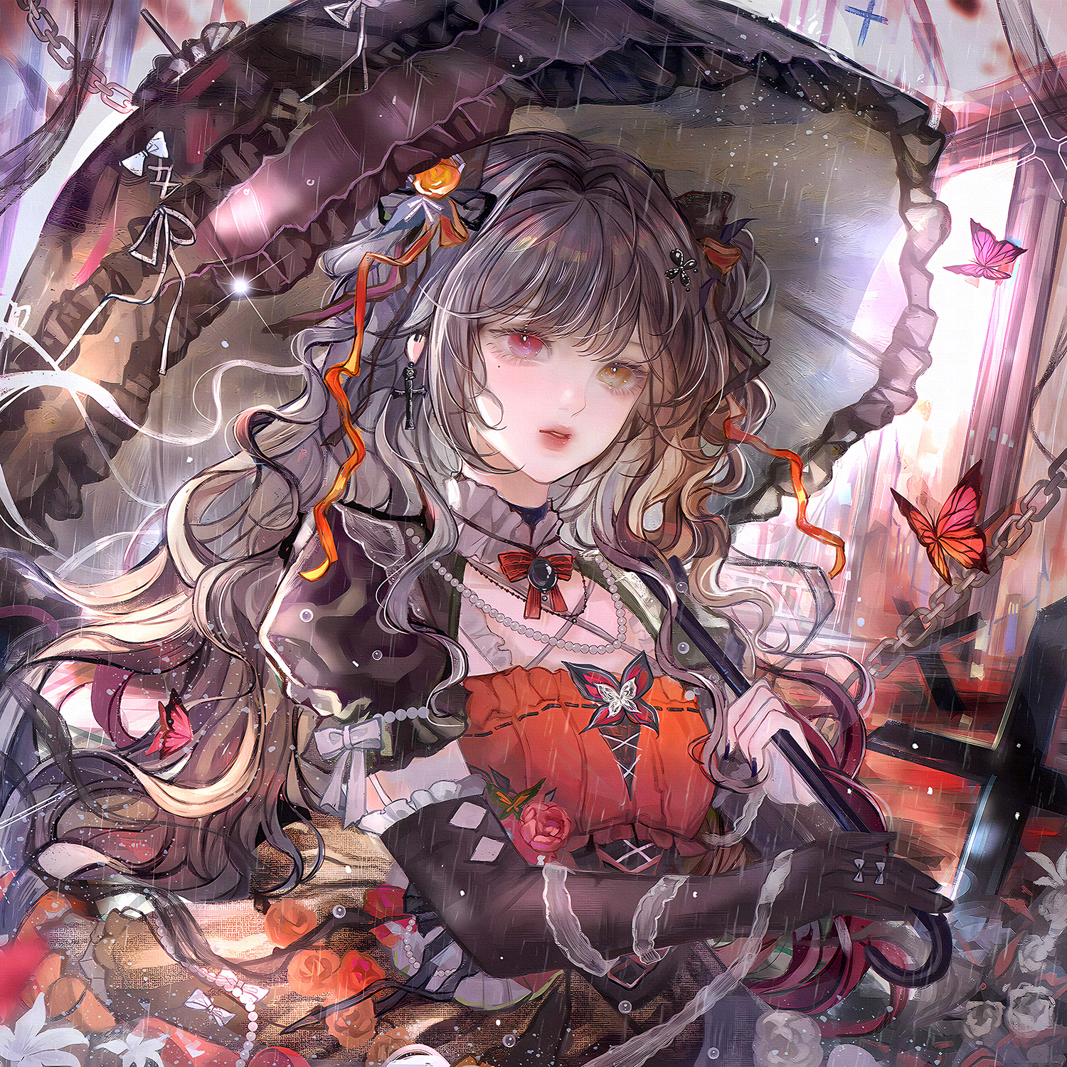 qingluanluan, original, highres, large variant set, variant set, 1girl, black gloves, bow, bug, butterfly, chain, dress, elbow gloves, flower, gloves, heterochromia, holding, holding umbrella, insect, jewelry, long hair, mole, mole under eye, puffy sleeves, rain, red eyes, solo, umbrella, yellow eyes