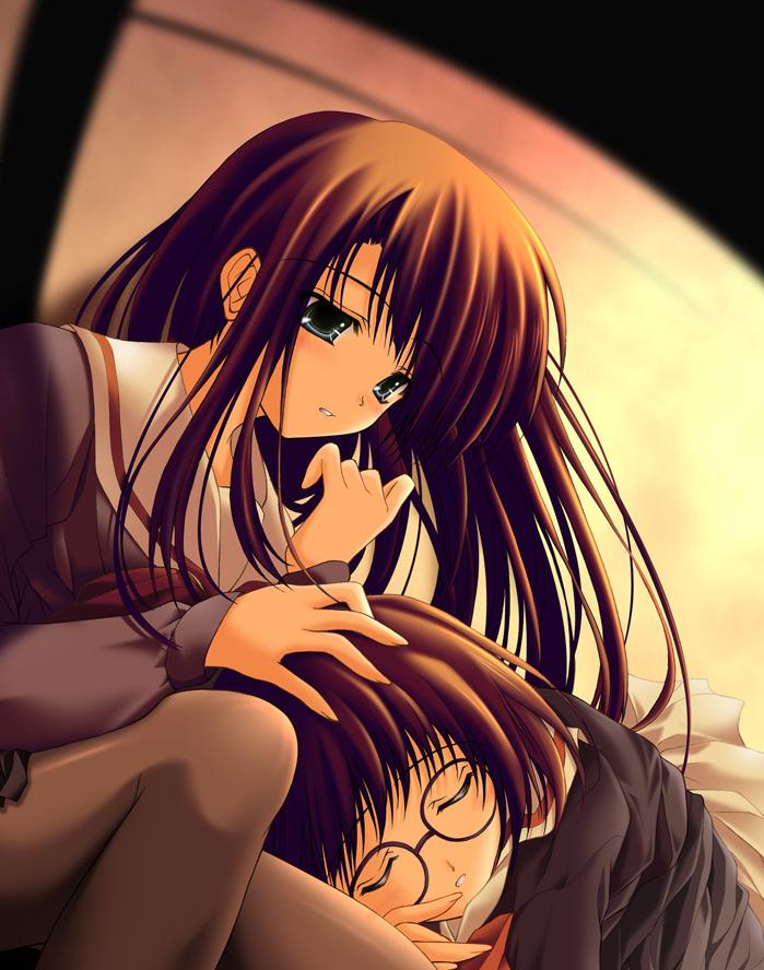 tenmu shinryuusai, kurihara touko, sakaki shinobu, tenshi no inai 12-gatsu, 2girls, glasses, lap pillow, long hair, multiple girls, school uniform, serafuku, sleeping, yuri