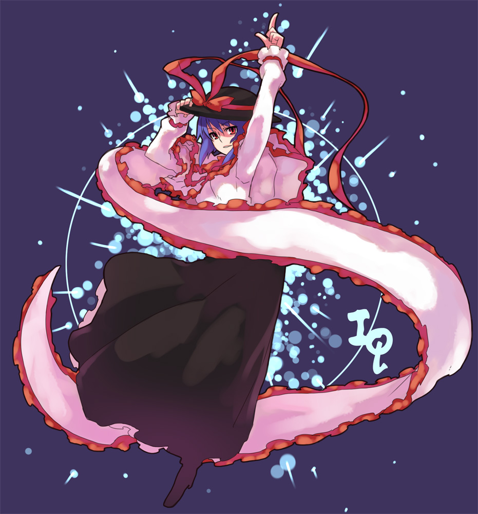 rumie, nagae iku, saturday night fever, touhou, 1girl, female focus, full body, hat, hat tip, purple hair, ribbon, short hair, solo