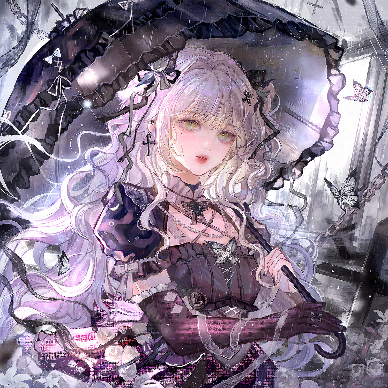 qingluanluan, original, highres, large variant set, variant set, 1girl, black dress, black gloves, bug, butterfly, cross, dress, earrings, elbow gloves, flower, gloves, hair ornament, holding, holding umbrella, insect, jewelry, long hair, looking at viewer, mole, mole under eye, necklace, parted lips, puffy short sleeves, puffy sleeves, rain, ribbon, short sleeves, solo, umbrella, white hair