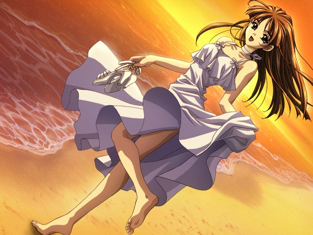 carnelian, kashiwagi akane, acid ware, c's ware, c's ware (company), re leaf, game cg, 1girl, barefoot, beach, blue eyes, brown hair, dress, dutch angle, female focus, high heels, holding, holding shoes, holding unworn clothes, ocean, shoes, solo, sunset, toes, unworn shoes, wind