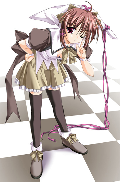 kiba satoshi, 1girl, black thighhighs, bow, breasts, brown hair, checkered floor, cleavage, female focus, full body, hand on own hip, hat, one eye closed, perspective, red eyes, ribbon, solo, standing, thighhighs, wink, zettai ryouiki