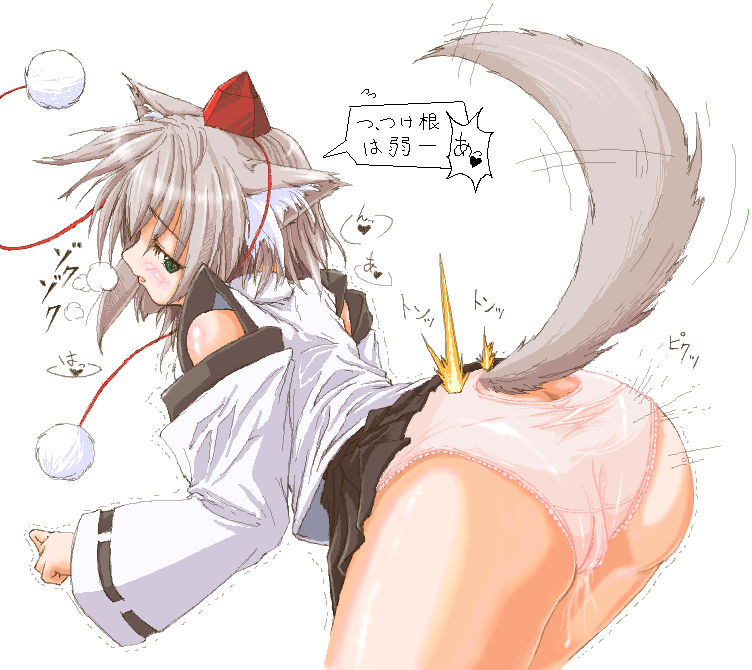 gizensha, inubashiri momiji, touhou, silver hair, translated, 1girl, animal ears, ass, blush, female focus, hat, panties, pussy juice, short hair, simple background, solo, tail, underwear, wet, white background, wolf ears, wolf tail