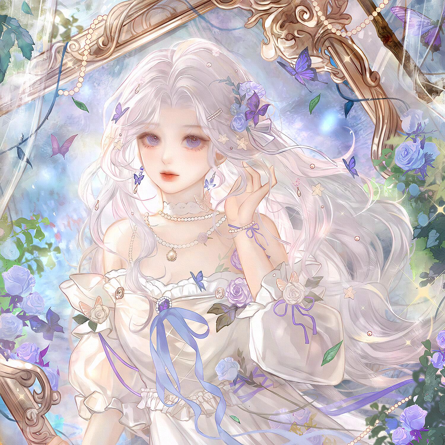 qingluanluan, original, highres, 1girl, bug, butterfly, dress, flower, hair flower, hair ornament, insect, jewelry, long hair, mirror, necklace, ribbon, solo, upper body, white dress, white hair