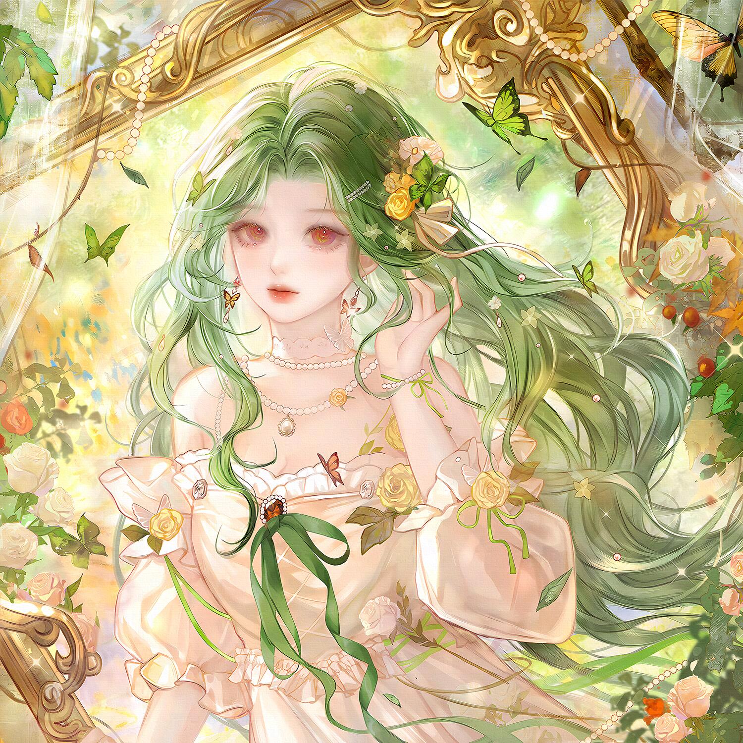 qingluanluan, original, highres, 1girl, beads, bug, butterfly, dress, earrings, flower, green hair, hair ornament, insect, jewelry, long hair, looking at viewer, mirror, necklace, ribbon, solo, upper body