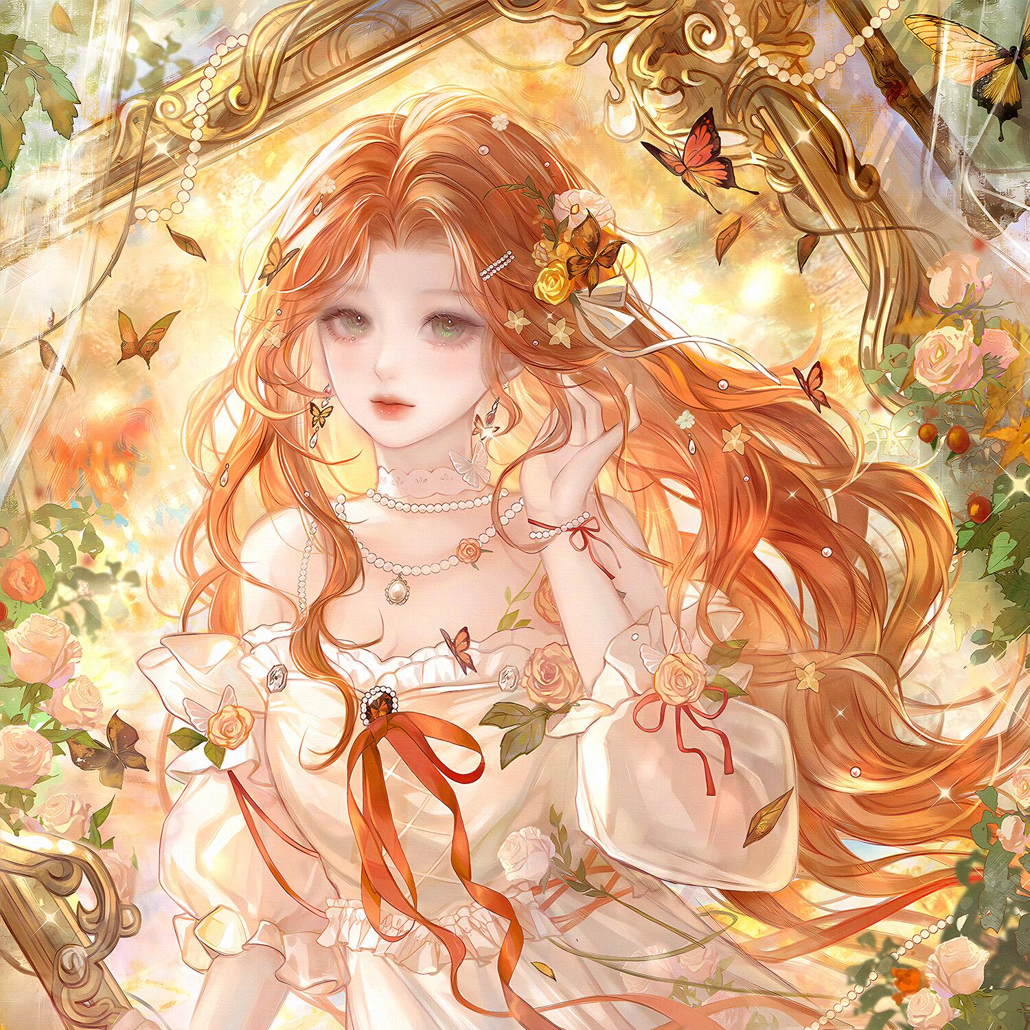 qingluanluan, original, highres, 1girl, beads, bug, butterfly, dress, earrings, flower, green eyes, hair flower, hair ornament, insect, jewelry, long hair, looking at viewer, necklace, orange hair, pearl necklace, ribbon, solo, upper body, white dress