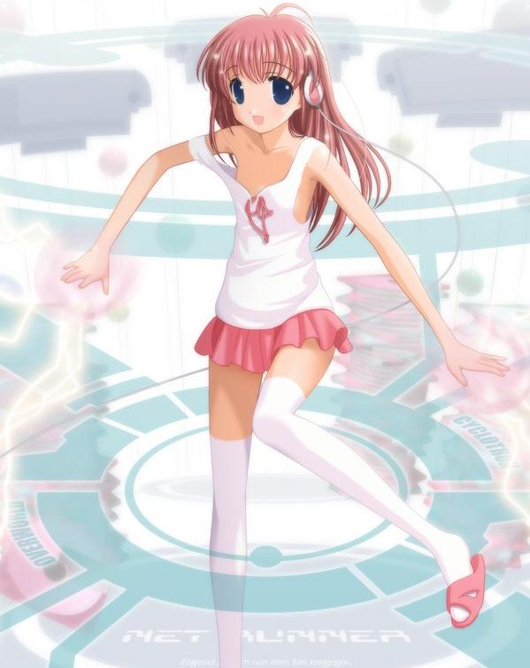 kobayashi ritz, 1girl, female focus, flat chest, headphones, sandals, solo, strap slip, thighhighs