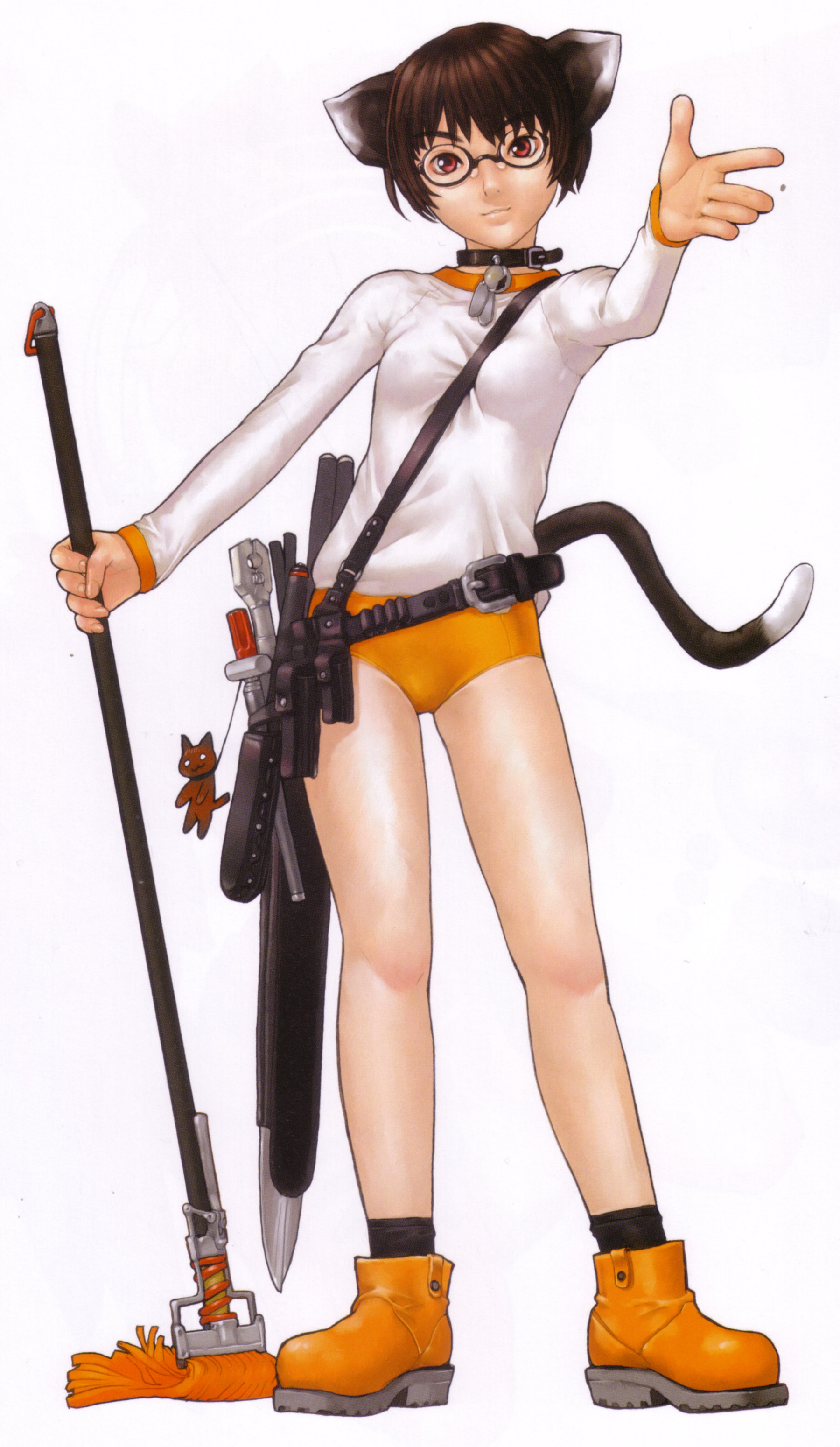 hakua ugetsu, absurdres, highres, scan, animal ears, brown hair, collar, glasses, panties, red eyes, solo, sword, tail, underwear, weapon