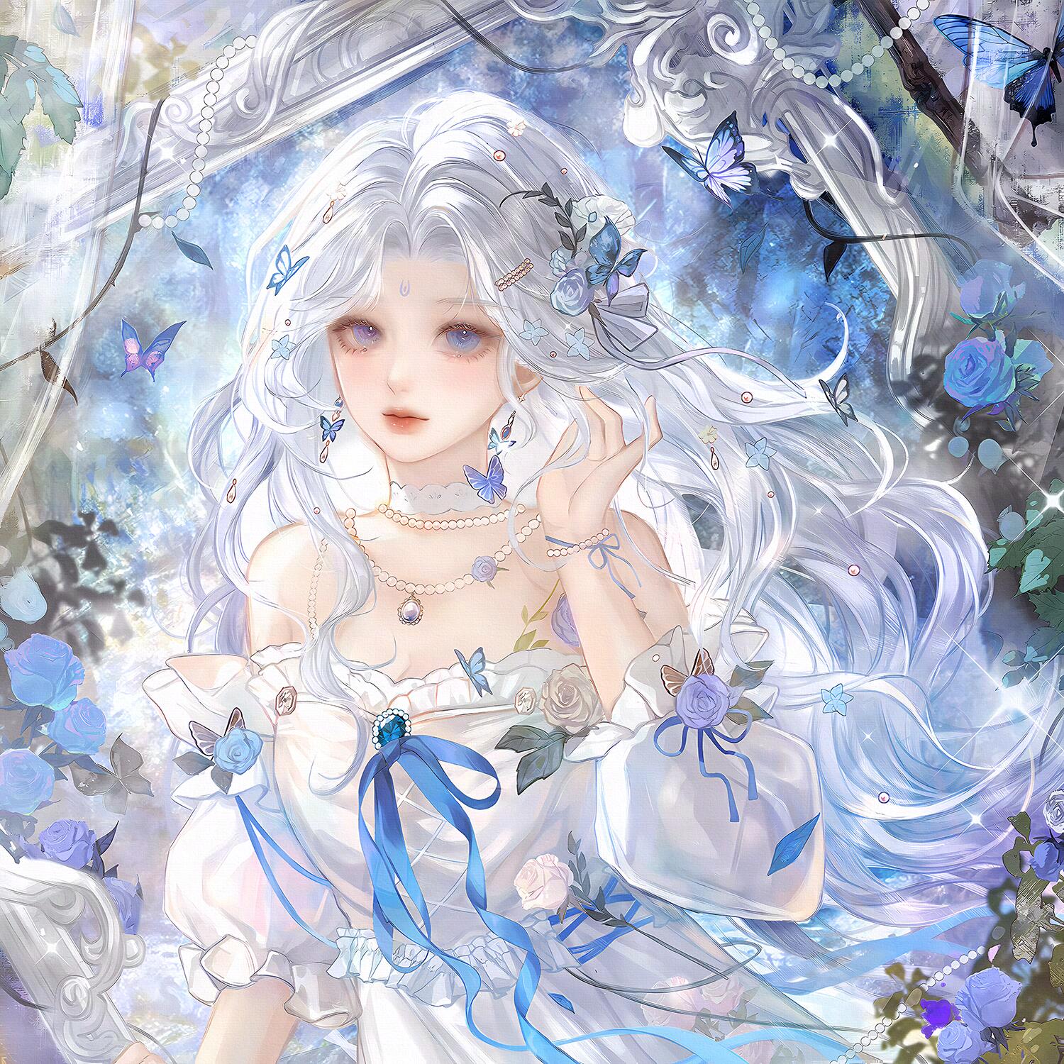 qingluanluan, original, highres, 1girl, blue eyes, bug, butterfly, dress, facial mark, flower, hair ornament, insect, jewelry, long hair, necklace, ribbon, solo, upper body, white dress, white hair