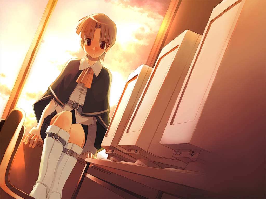 tagme, belt, boots, cape, monitor, sky, solo, sunset, thighhighs
