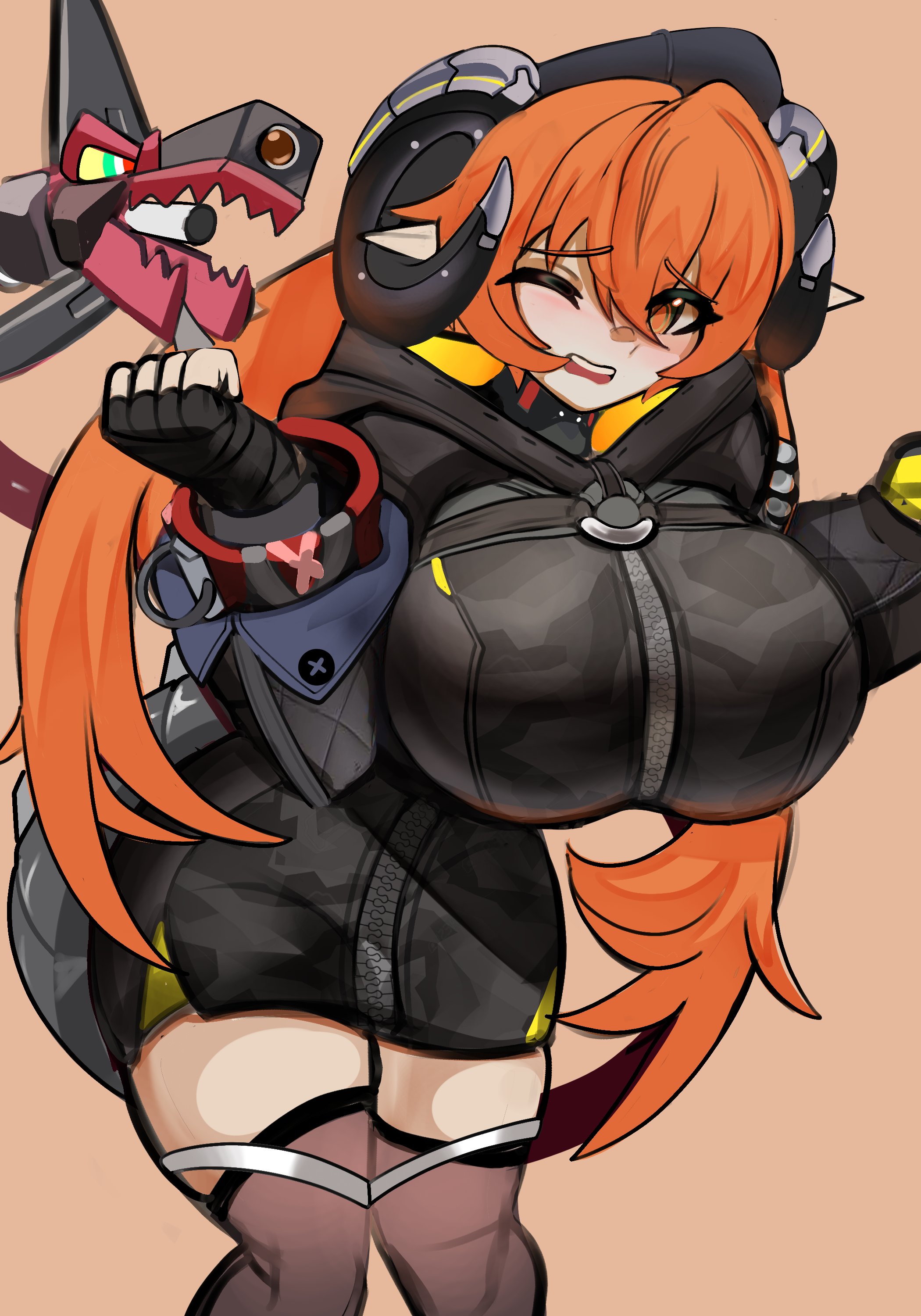 chomperwhy, magus (zenless zone zero), orphie magnusson, zenless zone zero, absurdres, highres, 1girl, breasts, brown background, fingerless gloves, gigantic breasts, gloves, hat, horns, jacket, long hair, o-ring, one eye closed, open mouth, orange hair, tail, teeth, thighhighs, upper teeth only, zipper