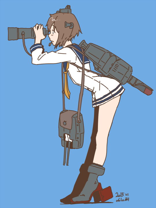 kawashina (momen silicon), yukikaze (kancolle), kantai collection, commentary, english commentary, 1girl, binoculars, blue background, blue sailor collar, brown hair, closed mouth, dated, dress, from side, headgear, holding, holding binoculars, leaning forward, long sleeves, neckerchief, orange neckerchief, profile, rigging, rudder footwear, sailor collar, sailor dress, short dress, short hair, signature, simple background, solo, standing, white dress